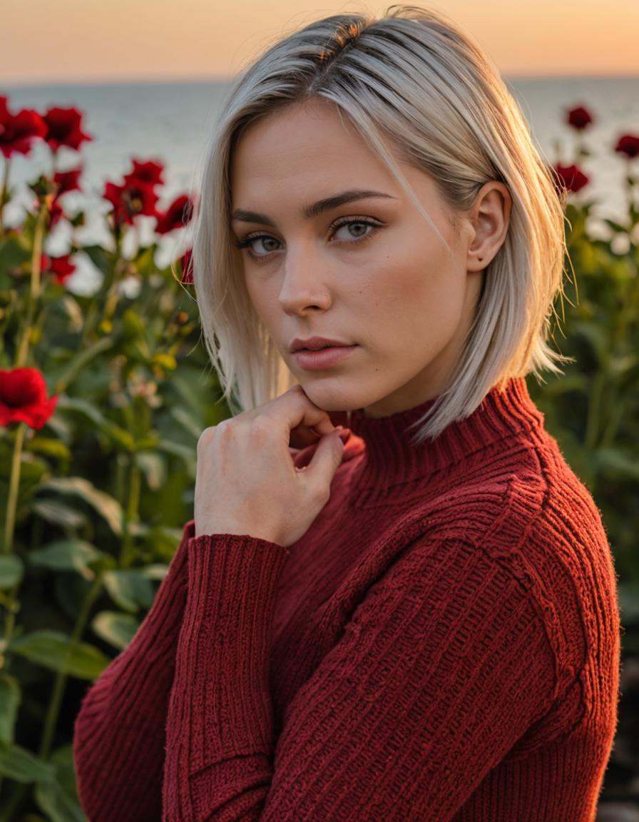 (close shot, zoomed in face portrait:1.3) photo of a thinking, (closed mouth:1.5) shy sexy weightlifter young 34 year old Kosovar (emo:1.5) woman with short straight sideswept platinum hair, (tiny breasts:1.3), muscular ass, (perfect hands:1.5).She is wearing a (scarlet strappy sweater and jeans, combat boots:1.1).She is sensually bending facing towards camera, in a ocean with plants and flowers in the background. sunset, dark.cinematic lighting, vibrant colors, detailed skin texture, detailed cloth texture, beautiful detailed perfect face, intricate sharp details, ultra high res