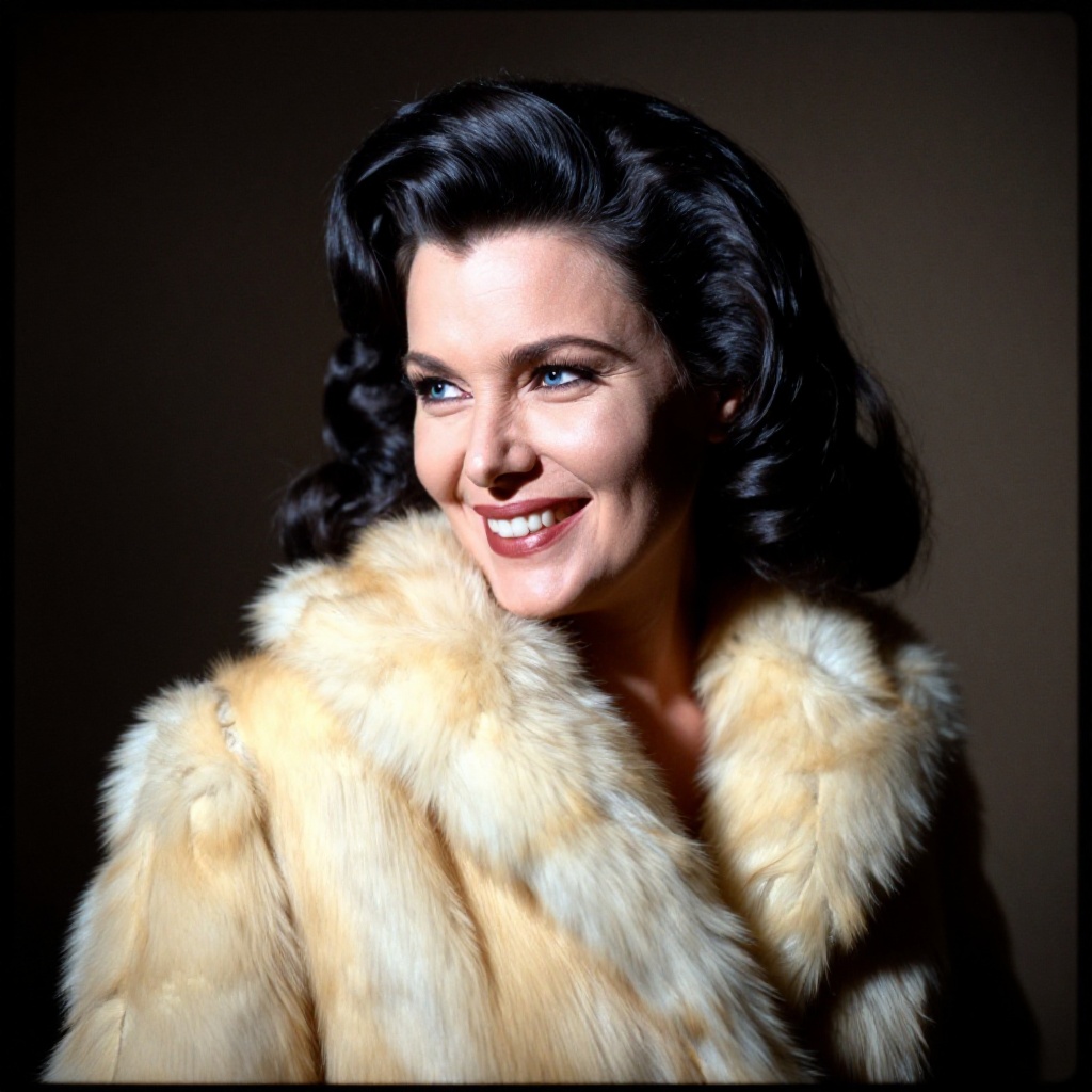 analog film photo of cinematic technicolor style a smiling brunette woman with a fur coat on smiling,  perfect image,  per...