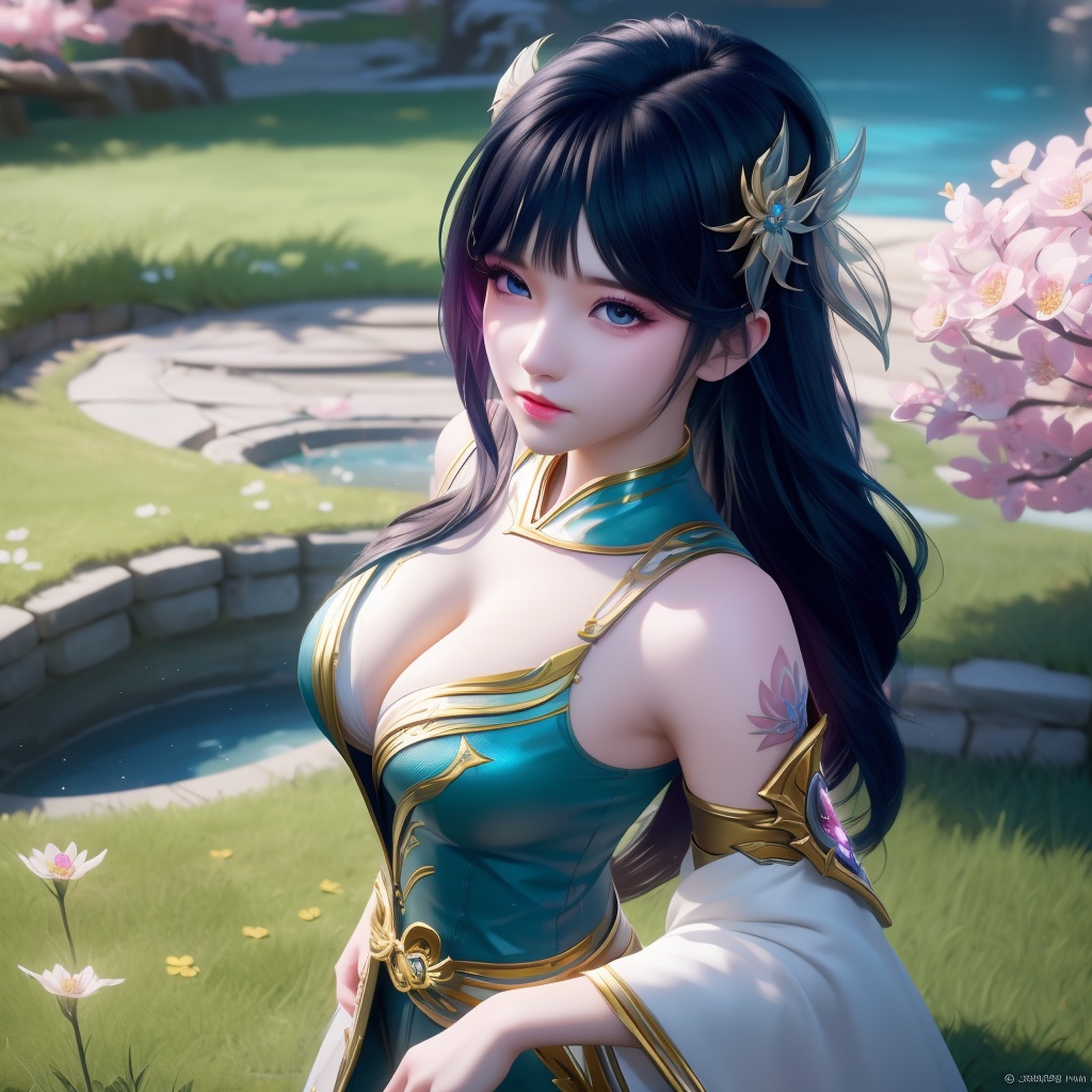 <lora:739-DA-斗破苍穹-慕青鸾:0.8>, (,1girl, ,best quality, ),looking at viewer,  ,ultra detailed background,ultra detailed background,ultra realistic 8k cg,, ,masterpiece, (( , )),, , , spirit blossom \(league of legends\),   ,   (cleavage), (), ,,