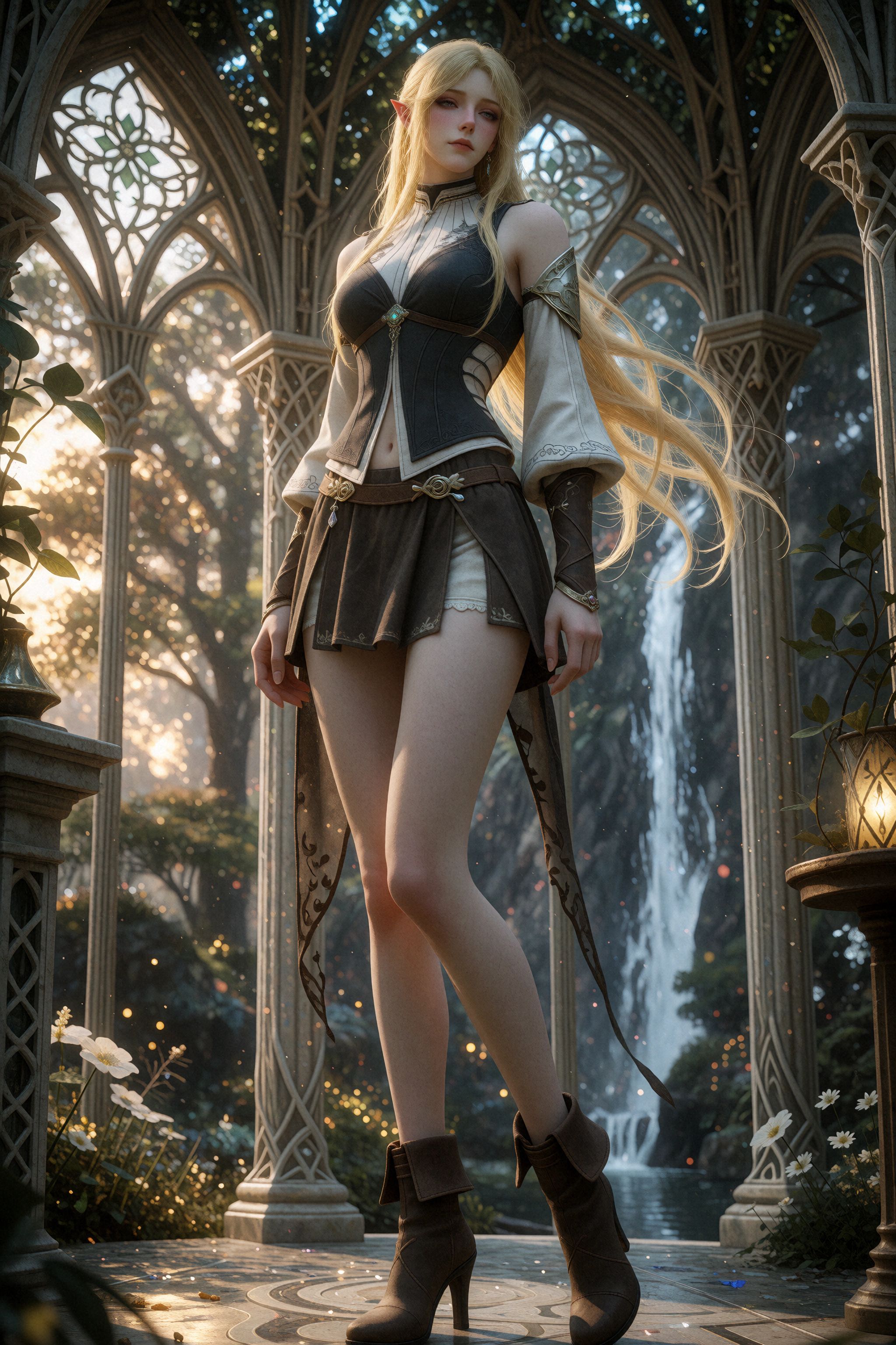 A photograph of Female Elf wearing a blouse,  skirt and brown high heel leather ankle boots standing on the floor of elvis...