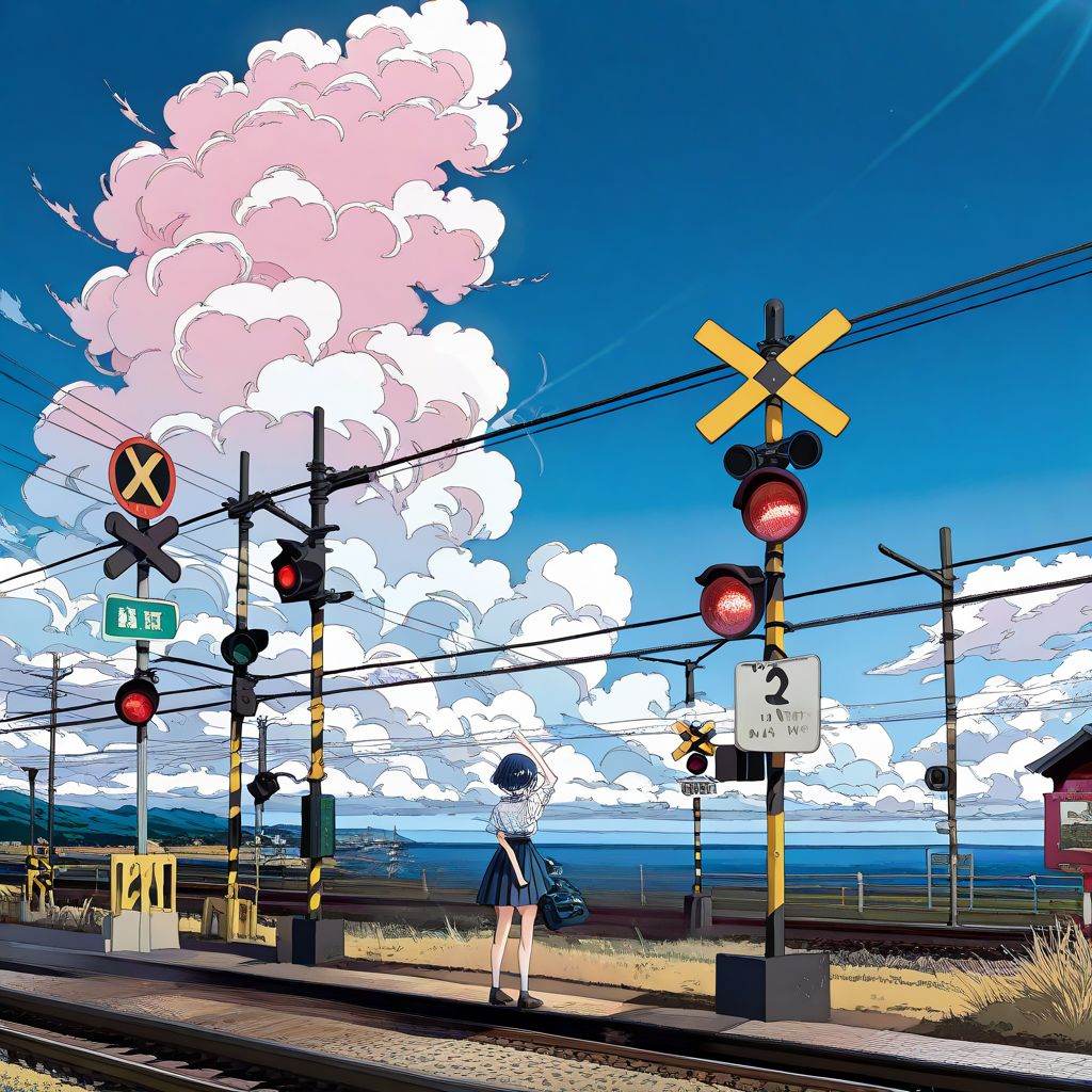 80s anime style illustration,  A Japanese railway crossing. One girl,  solo on Tensor.Art