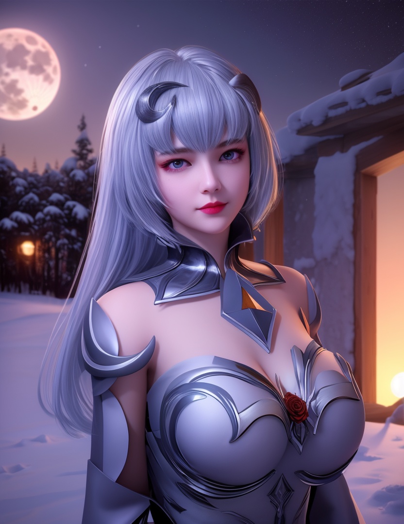 <lora:532-DA-斗罗大陆-叶泠泠:0.8>(,1girl, ,best quality, ),looking at viewer,masterpiece, (( , )),, realistic,science fiction,mole, ultra realistic 8k cg, ,      ,outdoors, snow, snowing, snow on head, sun,sunset,sunlight,moonlight,full moon, red moon,  crescent moon,  crescent rose,  black rose,       (cleavage), (),