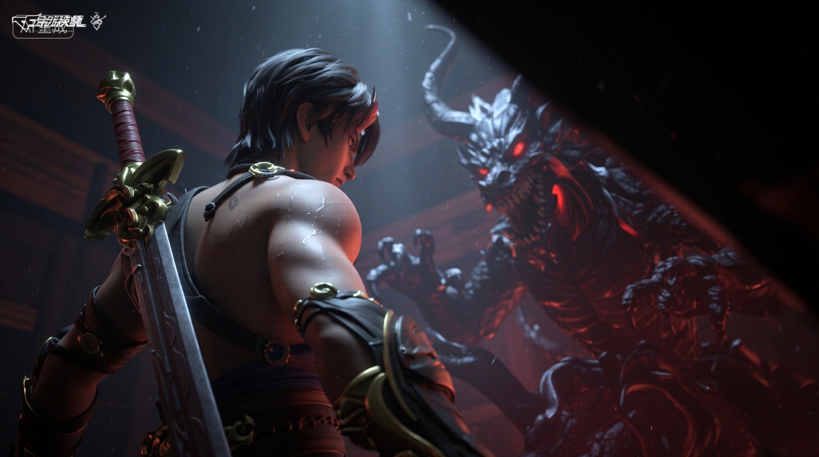 3D角色场景渲染,采用低角度仰视构图,一个背着剑和恶魔的男人,面对着一个龙和恶魔般的生物,PBR写实渲染,低角度仰视,戏剧性光影,二次元3D渲染,电影感调色,浅景深,次表面散射,高清纹理,前景遮挡,侧光,sweat,柔和光影,室内场景,角色特写,戏剧性光影,浅景深,紧张氛围,电影颗粒,角色特写,戏剧性光影,黑暗氛围,NPR渲染,俯视构图,浅景深,黑暗氛围,前景遮挡,戏剧性光影,卡通渲染,高精度模型,, Negative prompt: ng_deepnegative_v1_75t,(badhandv4:1.2),EasyNegative,(worst quality:2),,nsfw, Steps: 30, Sampler: Euler, CFG scale: 1.0, Seed: 1057736097, Size: 1664x928, Model hash: 98763a1277, Model: Qwen-Image_1.0.safetensors, Denoising strength: 0, RNG: CPU, Lora 1: 【摸鱼】3D, Lora Hash 1: 2106c5bf96, Lora Weight 1: 0.8, Lora 2: 【摸鱼】3D电商渲染级KV海报_创意视觉表达, Lora Hash 2: ce1227b095, Lora Weight 2: 0.4, Lora 3: Qwen-Image-Lightning-8steps-V1.1-bf16.safetensors, Lora Hash 3: fe04c3ec1d, Lora Weight 3: 0.6, vae_name: automatic