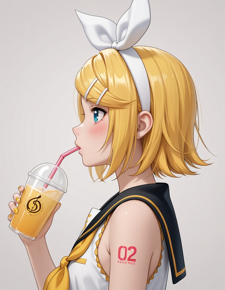 (best quality),(masterpiece),1girl, solo, kagamine_rin, blonde_hair, sailor_collar, shirt, drinking_straw, sleeveless_shirt, tattoo, neckerchief, shoulder_tattoo, upper_body, bow, hair_ornament, sleeveless, yellow_nails, hair_bow, looking_at_viewer, drinking, holding, number_tattoo, hairclip, blue_eyes, white_bow, short_hair, treble_clef, yellow_neckerchief, black_sailor_collar, bare_shoulders, white_shirt, hairband, from_side, profile, sideways_glance, white_hairband, blush