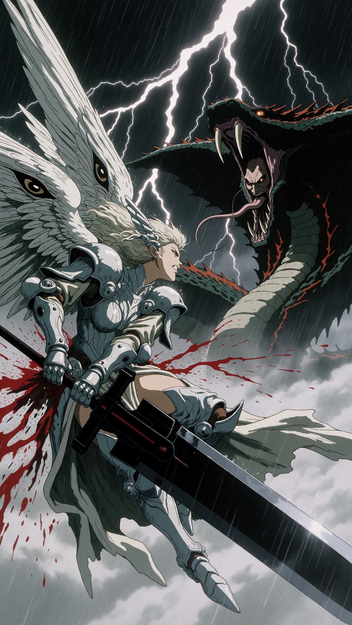 A dynamic widescreen cinematic action shot of a female angel warrior resembling a valkyrie on the left,  floating mid-air...