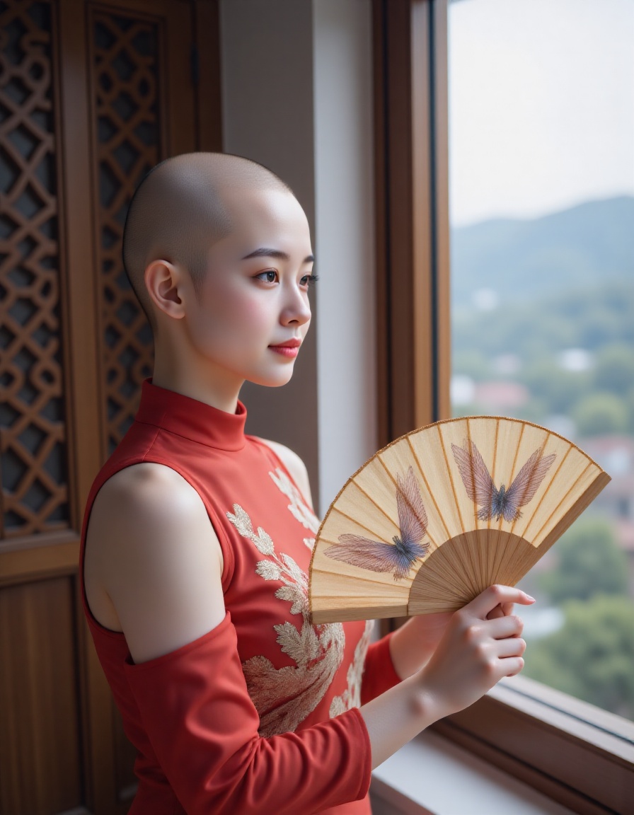 pl,pl,guangtou,1 women,Close - up photography shows a graceful woman wearing a red cheongsam embroidered with delicate golden phoenixes,each feather of which is vivid. The woman stands by an antique wooden carved window,holding a sandalwood fan painted with plum blossoms. She slightly turns sideways and looks out of the window affectionately. Outside the window is a misty ******** alley.,