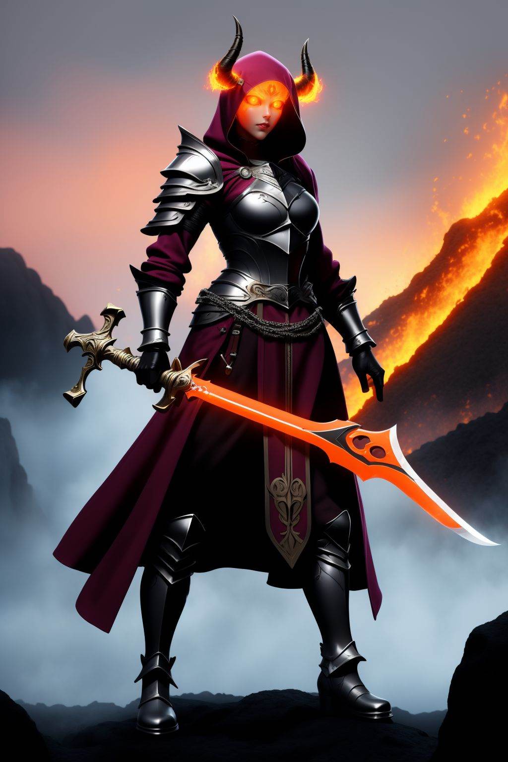 <lora:20250501_AgainGameCharacterLora:1>, 1girl, weapon, armor, holding, horns, solo, holding weapon, fire, sword, glowing eyes, lava, full body, looking at viewer, standing, shoulder armor, mask, breasts, holding sword, gauntlets, long hair, boots, glowing, flaming weapon, pauldrons, hood, yellow eyes, medium breasts, red dress, dress, chain, brown hair, hood up, armored boots, gloves, breastplate, demon horns, colored skin, axe, boobplate, orange eyes, skull
