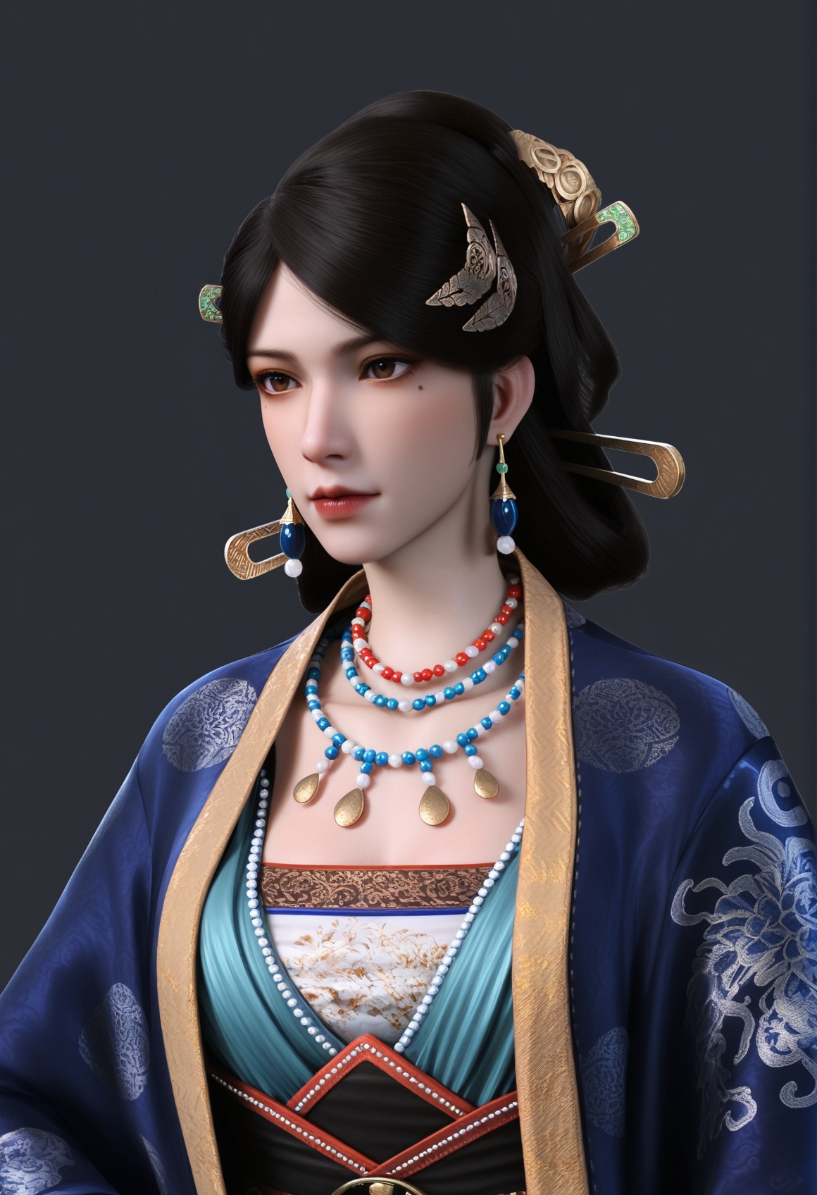 (score_9),<lora:温洛玉-apony:0.83>,wengluoyu,solo,1girl,brown eyes,hair stick,black hair,earrings,hair ornament,updo,hair stick,mole under eye,mole,beads,bead necklace,robe,waist belt,wide sleeves,mature_female,collarbone,BREAK<lora:Expressive_H-000001:0.8>,light blush,Expressiveh,seductive_smile,dutch angle,cowboy shot,standing,from above,salute,one side up,<lora:e肤色滑块:0.25>,fair_skin,(pale skin),ultra-detailed skin texture,detailed textures,<lora:皮肤凹痕:1.5>,<lora:RealisticSkinv1_ponyv6_loraplus:0.35>,real skin,BREAKsimple background,black background,<lora:e色温:0.25>,4K ultra HD,sharp focus,high detail,high contrast,