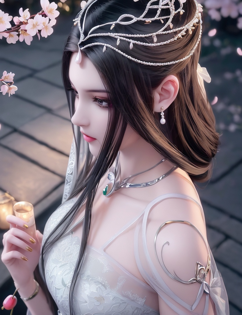 ultra realistic 8k cg, picture-perfect face, flawless, clean, masterpiece, professional artwork, famous artwork, cinematic lighting, cinematic bloom, perfect face, beautiful face, fantasy, dreamlike, unreal, science fiction,   lace, lace trim, lace-trimmed legwear,  (rich:1.4), prestige, luxury, jewelry, diamond, gold, pearl, gem, sapphire, ruby, emerald, intricate detail, delicate pattern, charming, alluring, seductive, erotic, enchanting, hair ornament, necklace, earrings, bracelet, armlet,halo((,1girl, pov,))  , ((((1girl, solo, ,cherry blossoms,outdoors, ))))<lora:DA_LinQingZhu:0.7>