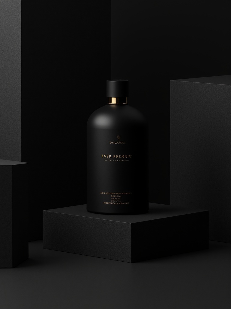 miluo_bzsj, A sleek, black perfume bottle with a gold label sits on a minimalist, geometric surface, surrounded by shadowy, rectangular blocks. The bottle's matte finish and subtle gold text pop against the dark, textured background, creating a posh, modern vibe.<lora:miluo丨包装设计丨现代简约-1.3:1>