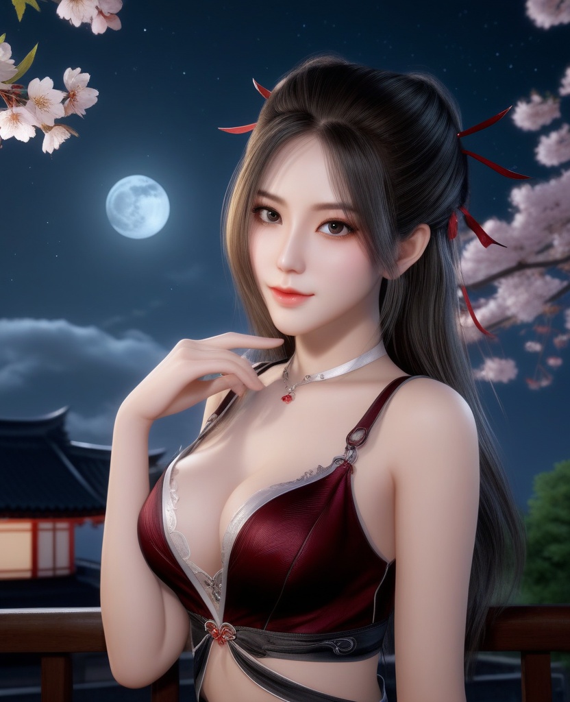 <lora:574-DA-XL-天行九歌-焰灵歌:0.8>(,1girl, ,best quality, ),looking at viewer,masterpiece,(( , )),, realistic,science fiction,mole,,ultra realistic 8k cg,     ,cherry blossoms,,night, night sky, crescent moon, moonlight,,(facing viewer, looking at viewer, , ),  (cleavage), (),