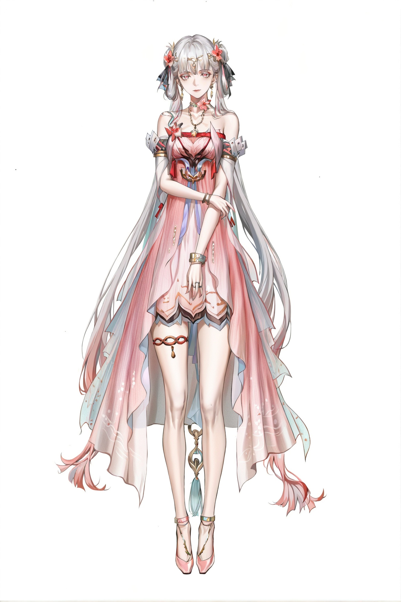 masterpiece,best quality,<lora:wqmt-gnoob-Tanger:1>,Path to Nowhere  \(video game\),game CG,<lora:jxnew-noob-Tanger-000014:0.8>,jinhsi,jinhsi \(peach blossom\) \(wuthering waves\),(clothes:peach blossom pink dress,alternate costume,bare shoulders:1.2),flower-shaped pupils,1girl,hair ornament,hair flower,twintails,bangs,jewelry,very long hair,1girl,solo,white background,simple background,full body,looking at viewer,standing,so cool,