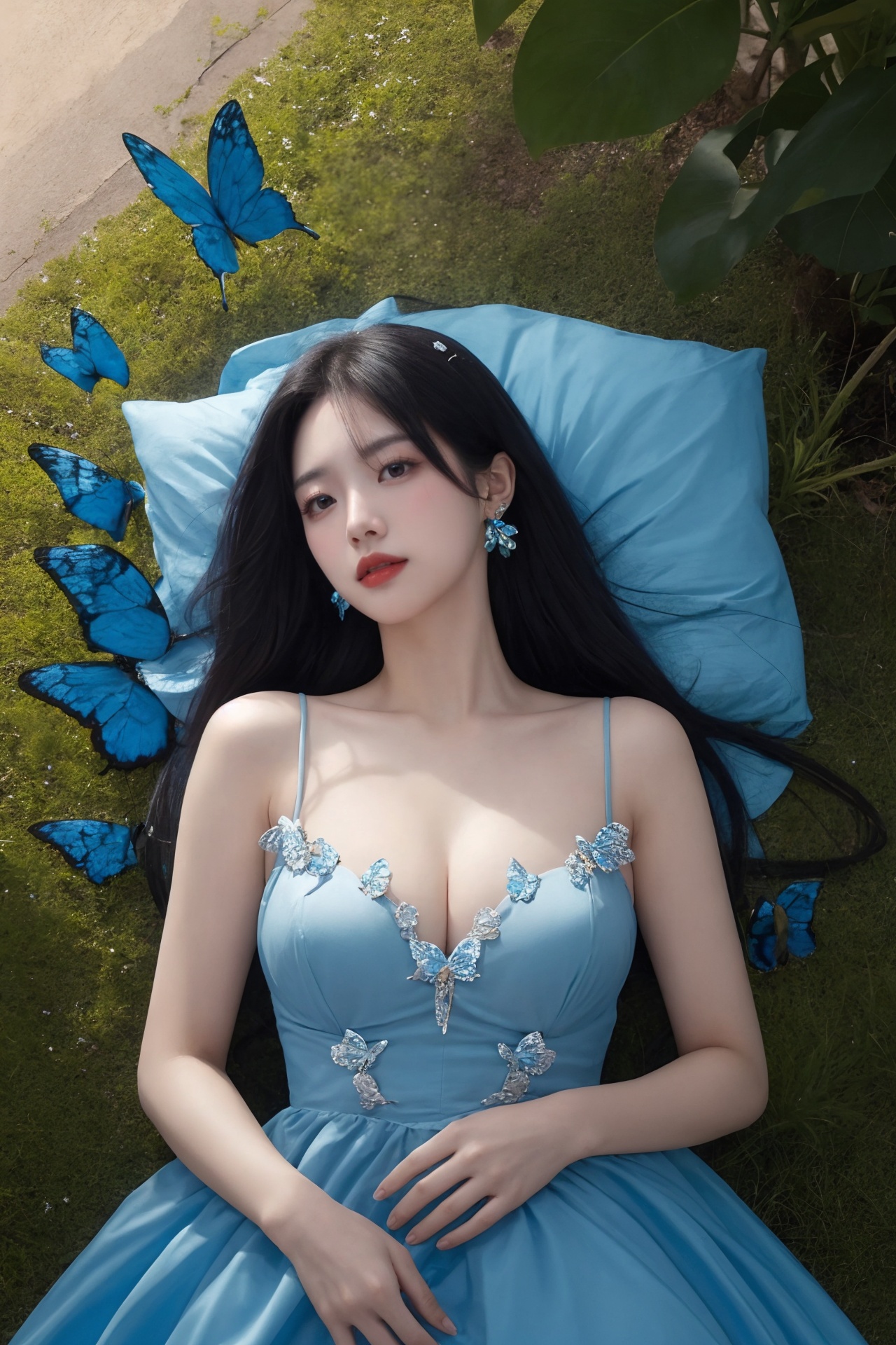 1girl, black hair, blue butterfly, breasts, bug, butterfly, cleavage, dress, earrings, hair ornament, high heels, jewelry, long hair, lying, on back, solo <lora:女:0.66>