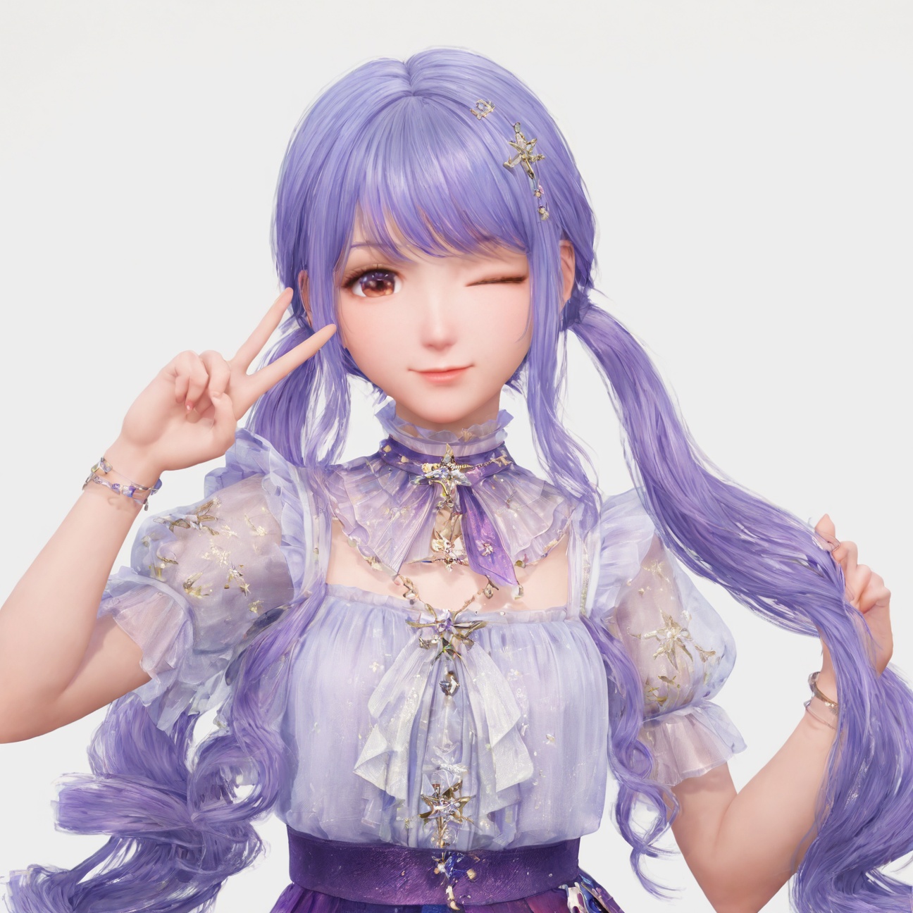 <lora:暖暖-缩小套:0.8>,nikki,1girl,twintails,jewelry,dress,blue hair,bracelet,hair ornament,brown eyes,short sleeves,purple hair,purple dress,(white background:1.5),looking at viewer,(head tilt:1.3),short sideburns,(very short sideburns),naughty face,v,one eye closed,long hair,no bangs,