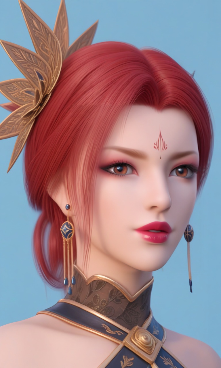 depth of field,masterpiece,best quality,very aesthetic,2024,2023,perfect composition,ultra-detailed,extreme aesthetic,(quasarcake:0.7),masterpiece,best quality,good quality,newest,year 2024,year 2023,very aesthetic,absurdres,looking_at_viewer,colorful,<lora:雅菲pony-000010:0.7>,yafei,1girl,solo,earrings,jewelry,red hair,forehead mark,portrait,facial mark,lips,brown eyes,makeup,blue background,red lips,