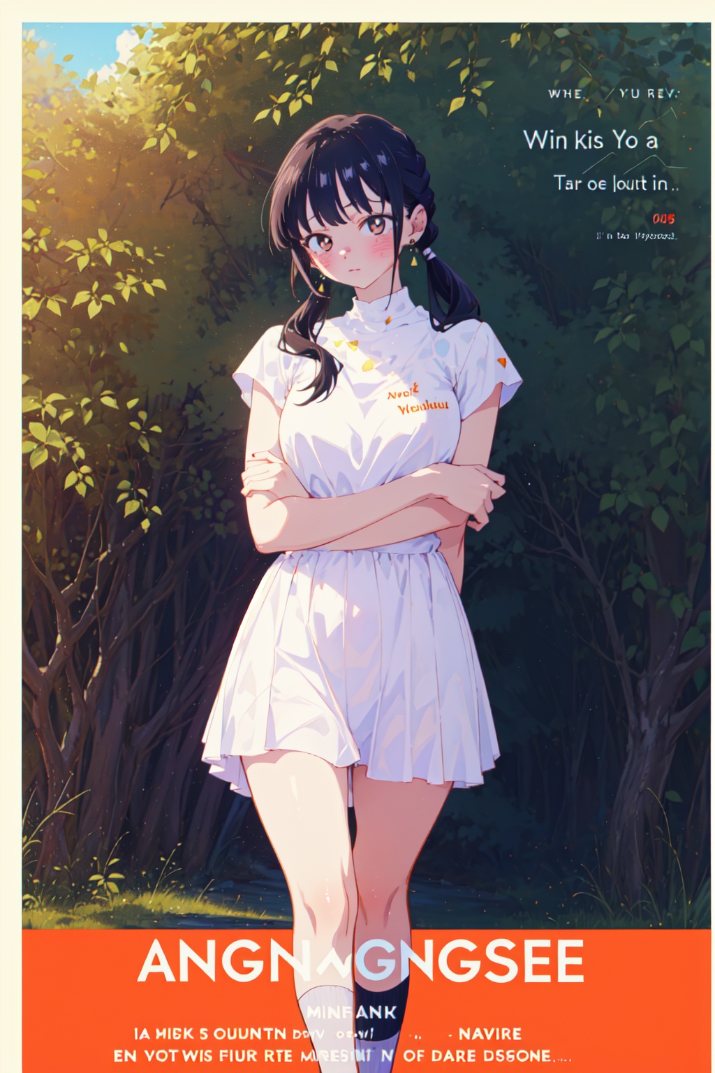 1girl,looking at viewer,solo,<lora:ANNA:0.8>,Anna_CYQL,black hair,twintails,low twintails,long hair,bangs,brown eyes,jewelry,earrings,blush,(Crochet dress, slide sandals:1.1),(;d, hugging own legs, portrait,front view:1.1),beautiful face,beautiful eyes,glossy skin,shiny skin,Vineyard, Grapes, Harvest, Wine barrels, Autumn leaves, Sunshine, Rows, Winery,Bluebells, Beech trees, Misty dawn, Carpet of flowers, Early morning light, Birdsong,beautiful detailed sky,beautiful detailed glow,(movie poster:1.2),(English text:1.8),(border:1.3),posing in front of a colorful and dynamic background,(masterpiece, best quality, beautiful and aesthetic:1.3),contrapposto,female focus,fine fabric emphasis,wallpaper,fashion,intricate_detail,finely_detailed,fine_fabric_emphasis,(glossy),<lora:增强减少细节add_detail:0.4>,