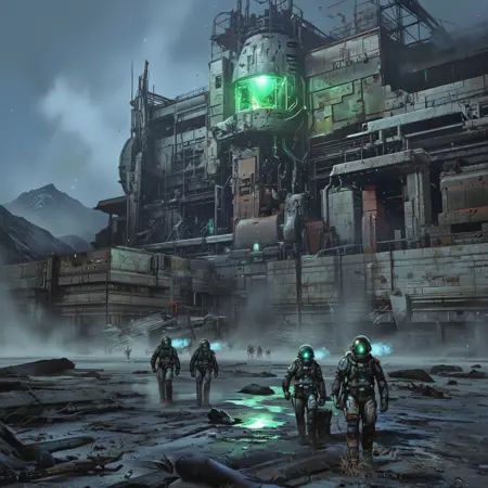 Yurimazum art style.A group of three astronauts in futuristic,  dark suits with glowing green visors walk through a misty,...