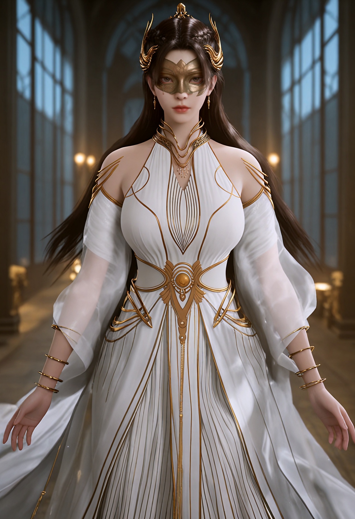 upper_body,(gigantic breasts:0.6),(slender:1.3),(looking_at_viewer:1.1),(masterpiece:1.1),(best quality:1.2),(intricate details),(smog:1.3),(Dark room:1.3),(dim lighting:1.3),<lora:YQ_Illustrious光辉v5_狠人大帝_V1:0.8>,(q1528437228:1.1),1girl,solo,dress,long_hair,jewelry,white_dress,black_hair,hair_ornament,bare_shoulders,brown_hair,mask,realistic,necklace,detached_sleeves,brown_eyes,bracelet,anklet,laurel_crown,cape,earrings,masterpiece,(best quality),(intricate details:0.9) BREAK (intricate details:0.9),(realistic skin:1.2),masterpiece,best quality,newest,absurdres,hiahres,