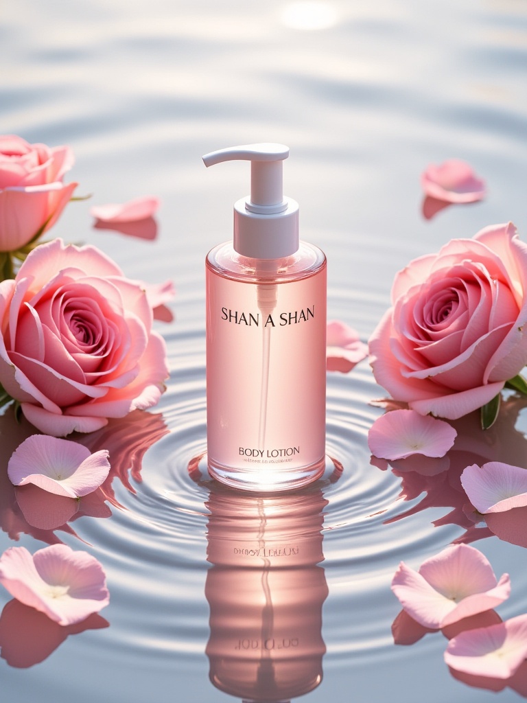 ttmzhsas,a bottle of "SHAN A SHAN" body lotion with a pump dispenser, surrounded by pink roses and rose petals on a reflective surface. The bottle is placed in the center of the image, with the water rippling around it. The background is a soft, blurred gradient of light blue and white, giving the image a dreamy, ethereal feel. The roses are arranged in a symmetrical pattern around the bottle, adding a touch of elegance to the scene. The lotion itself is a light pink color, with a glossy finish.<lora:S-T-电商场景-S1.4:1>