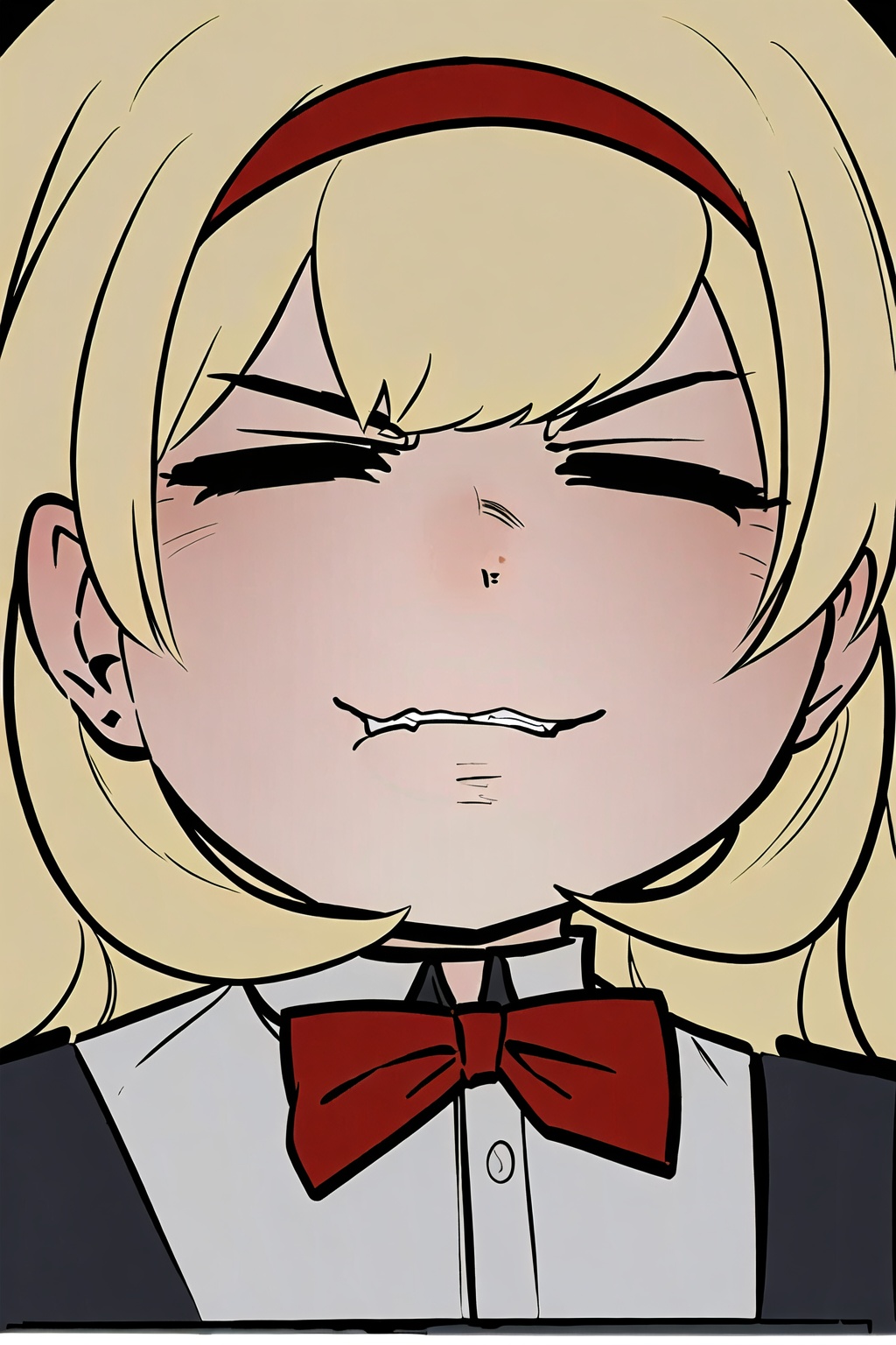 1girl,wsdxj,solo,ojousama,age regression,pout,red headband,red bowtie,evil atmosphere,highres,