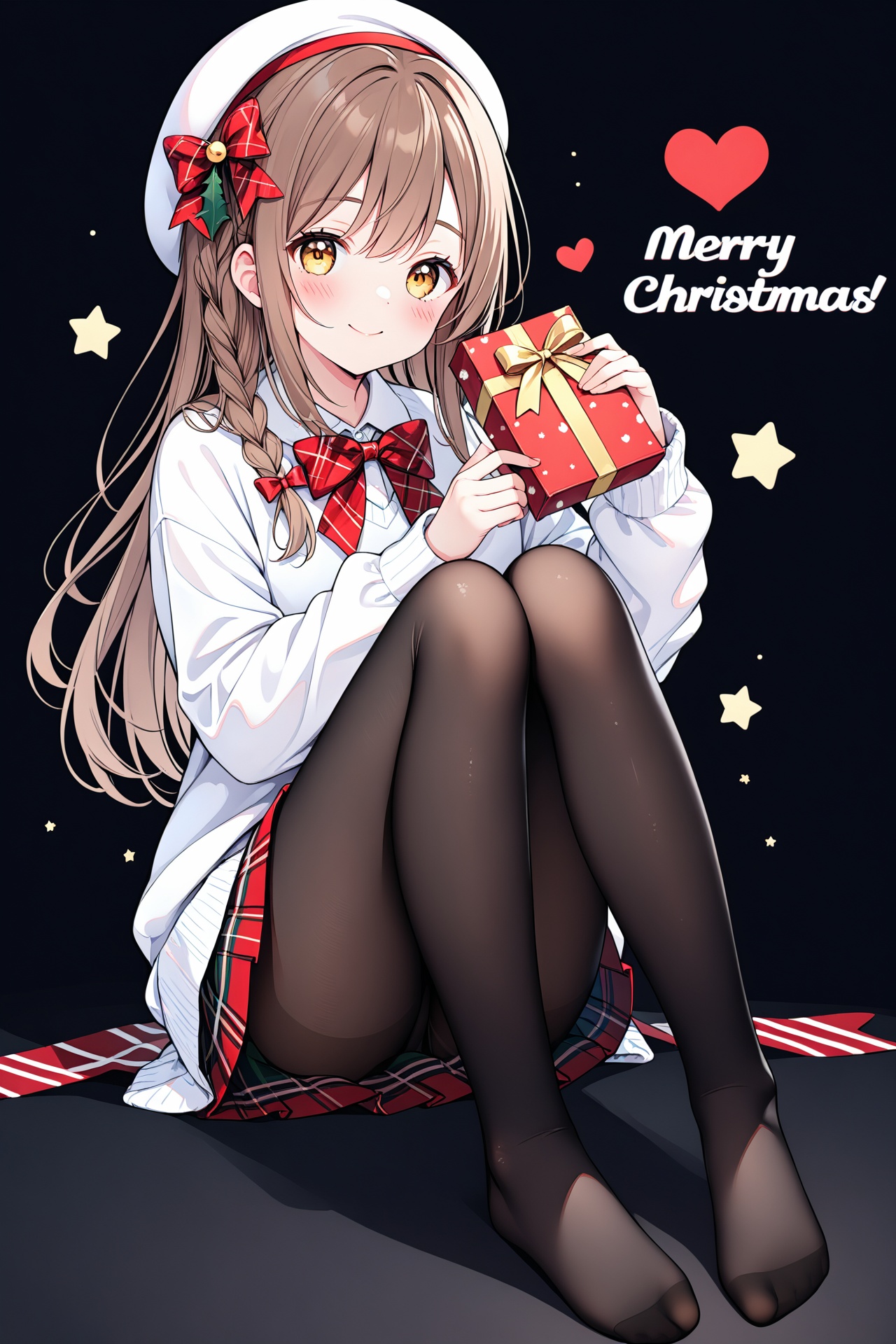 (masterpiece),(best quality),solo,1girl,pantyhose,smile,brown hair,hat,blush,no shoes,looking at viewer,black pantyhose,sweater,braid,black background,long hair,heart,long sleeves,sitting,bow,skirt,merry christmas,brown eyes,kunikida hanamaru,hair bow,white headwear,beret,christmas,holding,plaid,full body,bangs,closed mouth,yellow eyes,gift,red bow,simple background,