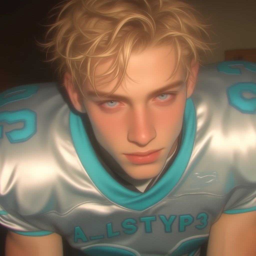 JL8STYP3,  A young man with tousled,  sun-bleached blond hair leans forward in a tight close-up on Tensor.Art