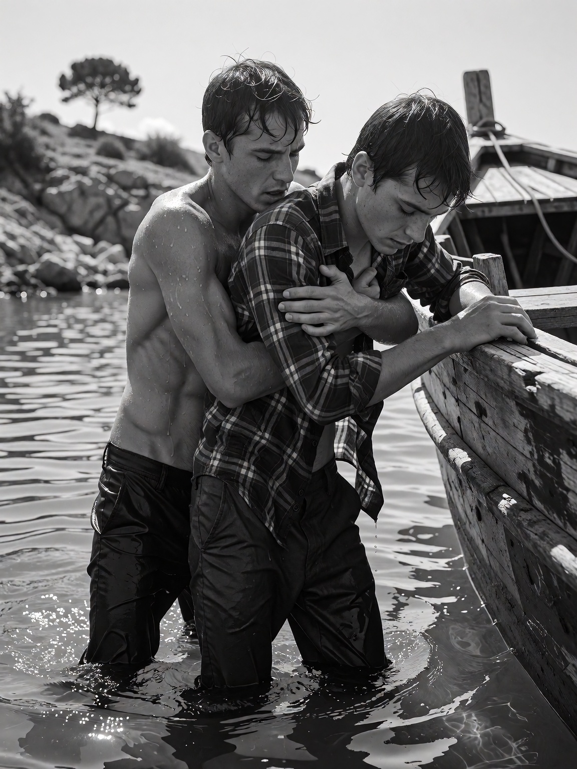 Two young men stand waist-deep in water,  leaning against the weathered wooden hull of a boat on the right. The drenched,...