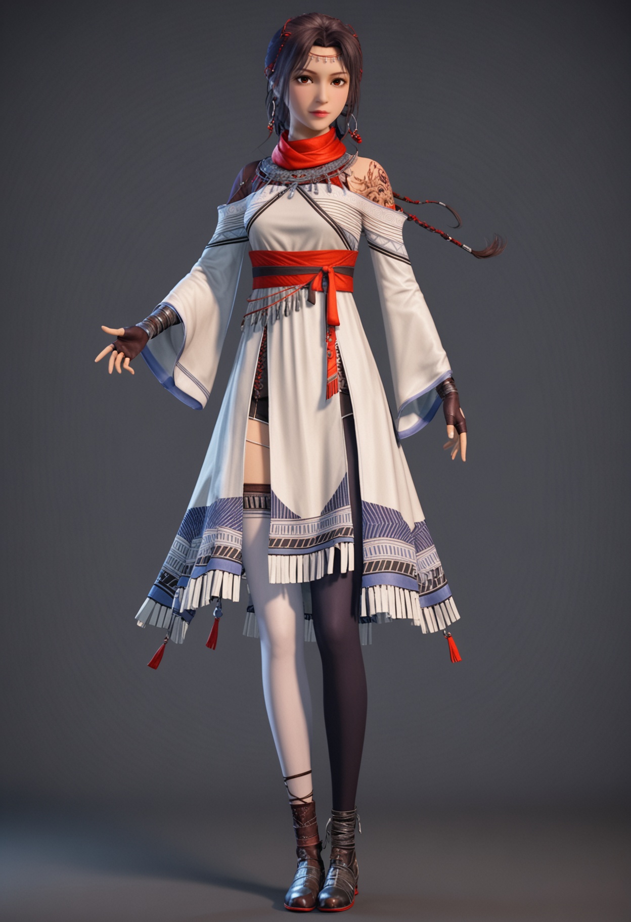 (looking_at_viewer:1.2),standing,full body,<lora:YQ_pony_xiancan_V4:0.8>,q1528437228,solo,1girl,black hair,jewelry,hair ornament,brown eyes,brown hair,scarf,tattoo,red scarf,long hair,earrings,short hair,braid,necklace,gloves,black eyes,dress,fingerless gloves,red eyes,hoop earrings,long sleeves,bandana,sash,thighhighs,circlet,white dress,arm tattoo,pantyhose,dark skin,black gloves,fringe trim,multiple braids,dark-skinned female,asymmetrical legwear,blue hair,headband,shoes,single braid,legs,single thighhigh,socks,armor,(simple background,pure black background,black background:1.1),perfect_anatomy,