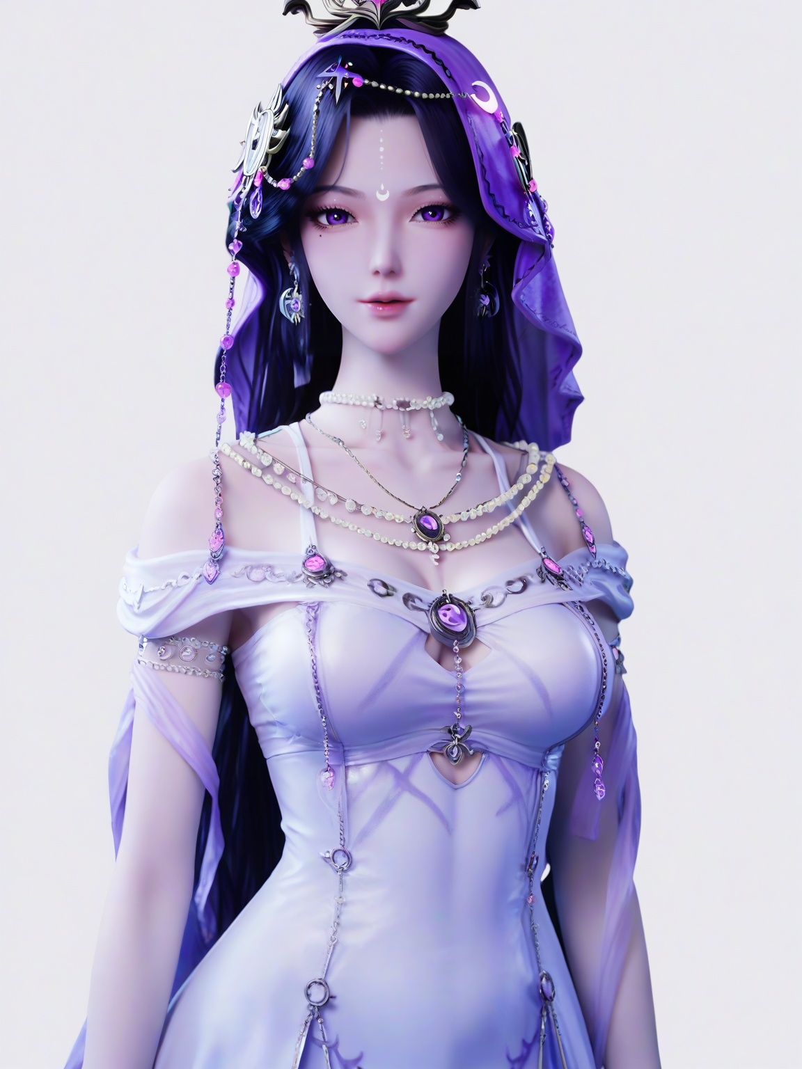 score_9,1girl,solo,breasts,black hair,beads,crescent,hair ornament,earrings,lipstick, eyelashes, mole under eye,necklace,breasts,dress,purple eyes,standing,long hair,looking at viewer,white background,simple background,<lora:SF_YueYe_TouJianPony_Realism2.3-000004:0.7>,