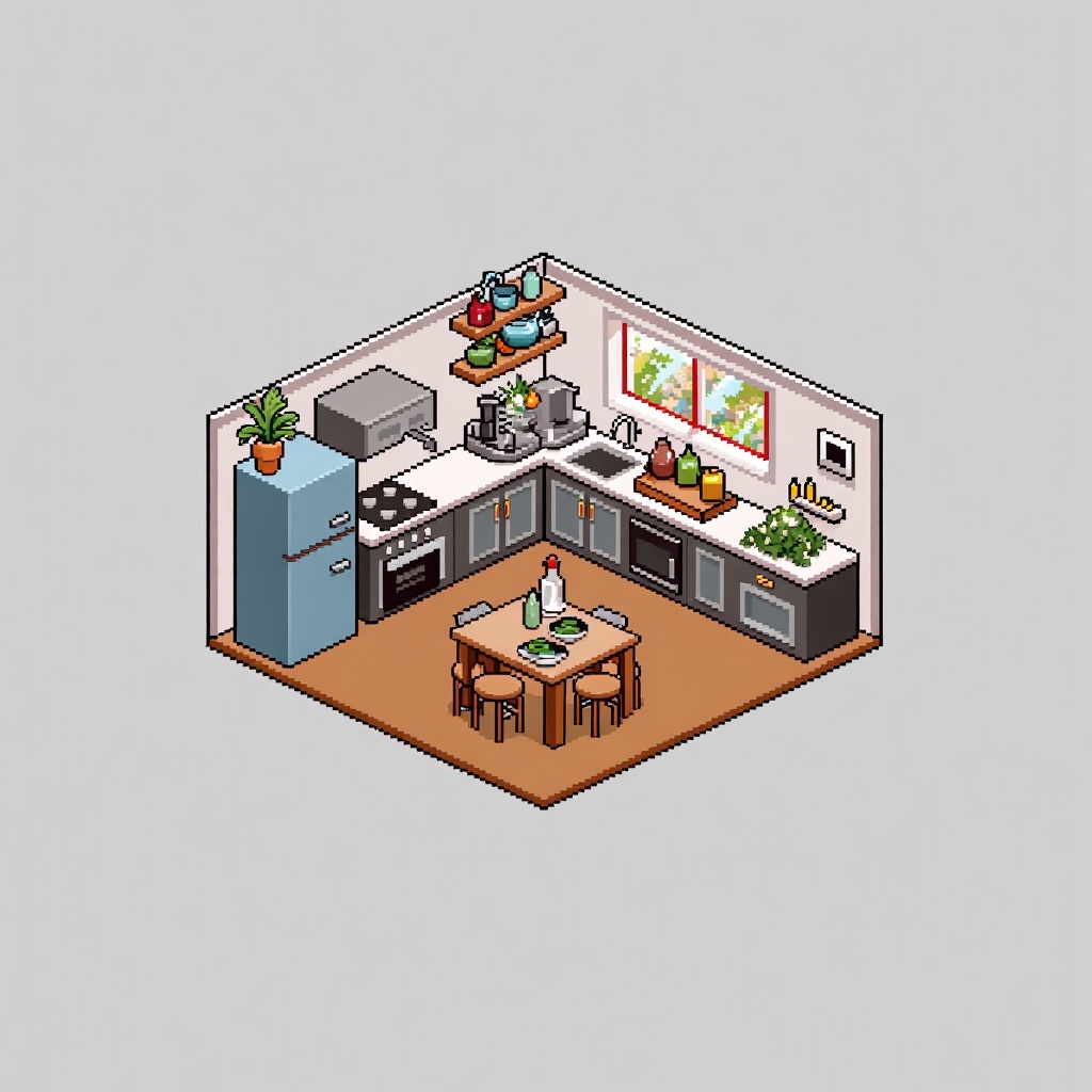 XSJZ,XSJZ,equidistance,Pixel Art,kitchen,grey background,Equidistant perspective,