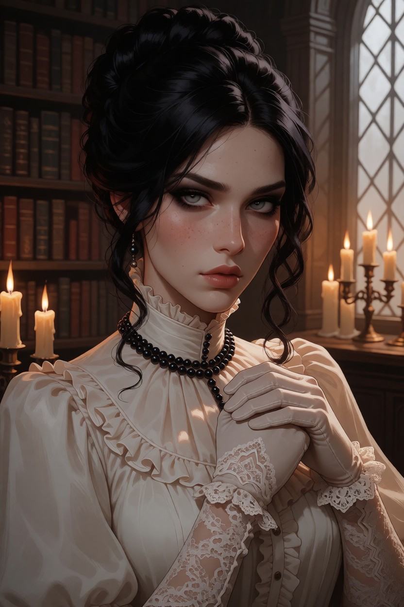 High resolution detailed photo of early-twenties woman with intense eyes,  realistic pale textured skin and pores,  and li...
