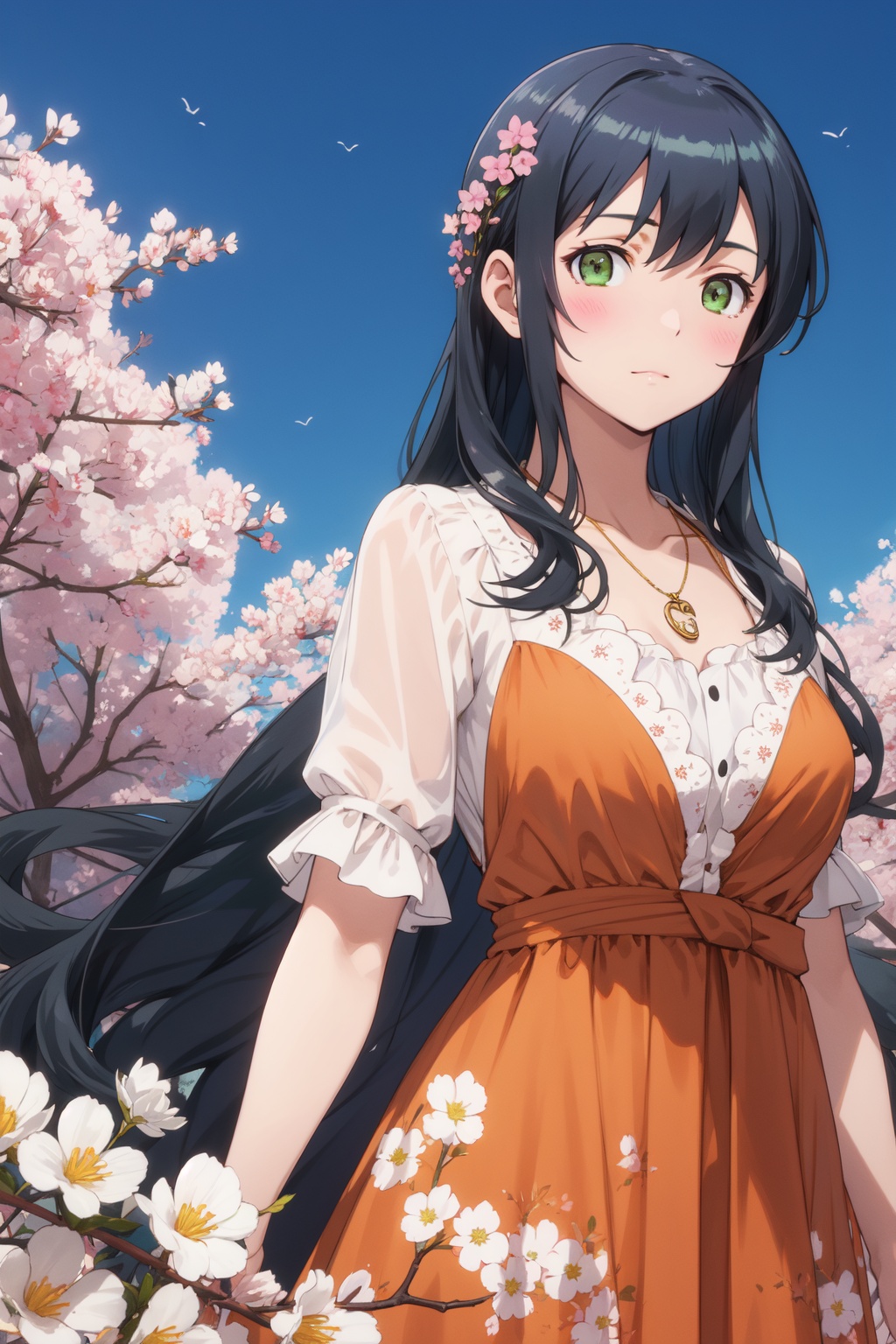 <lora:Saori-000014:0.8>,Saori cyql,1girl,looking at viewer,solo,black hair,long hair,green eyes,necklace,jewelry,blush,Orange floral midi dress with gathered waist,evil smile,panorama,beautiful face,beautiful eyes,glossy skin,shiny skin,Cherry trees, Blossoms, Park, Spring, Colors, Beauty, Serenity, Tranquility,(Orchid display, Tropical plants, Succulents, Humid air, Glass ceiling, Controlled lighting:0.5),beautiful detailed sky,beautiful detailed glow,posing in front of a colorful and dynamic background,masterpiece,best quality,beautiful and aesthetic,contrapposto,female focus,wallpaper,fashion,