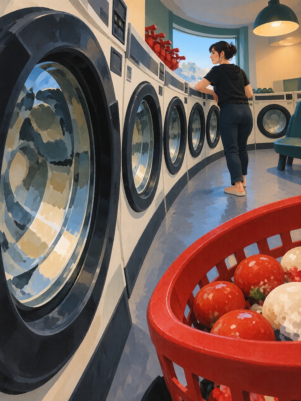 A young woman at a laundromat,  oversized washing machine doors in the foreground,  the row of machines sweeping in an arc...