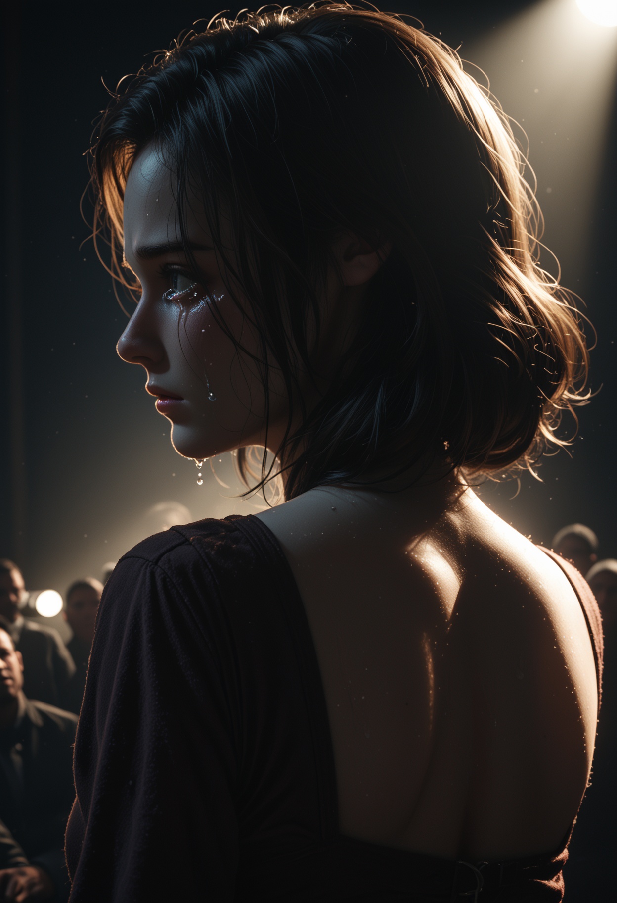 The woman's back is turned to the audience,  looking back to the audience,  a look of despair in her eyes on Tensor.Art