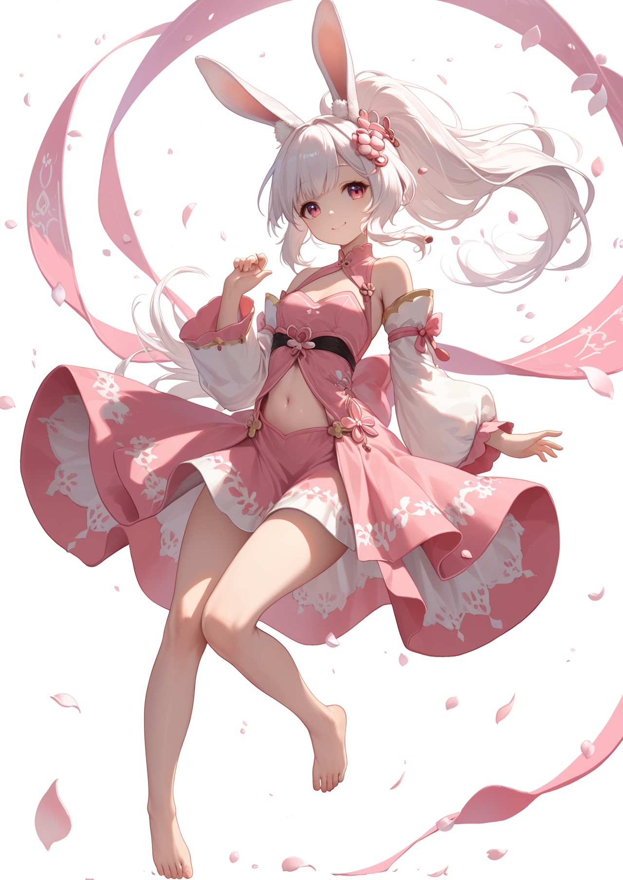 score_10,score_9,score_8_up,score_7_up,1girl,solo,animal ears,rabbit ears,white hair,long hair,dress,ponytail,detached sleeves,petals,hair ornament,pink dress,barefoot,navel,falling petals,pink eyes,smile,white background,looking_at_viewer,eye-contact,