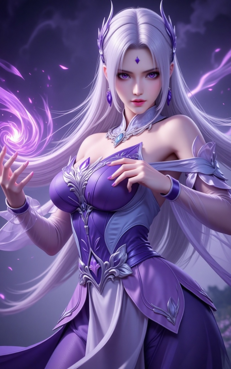 xiaoyixian,lvjing,white hair,long hair,purple eyes,jewelry,hair_ornament,1girl,hair ornament,solo,long hair,white hair,dress,purple dress,energy,bare shoulders,closed mouth,detached sleeves,7,cover,simple background,gradient_background,Close-up details,outstanding style,adding a touch of dimension to your images without compromising details,close-up,