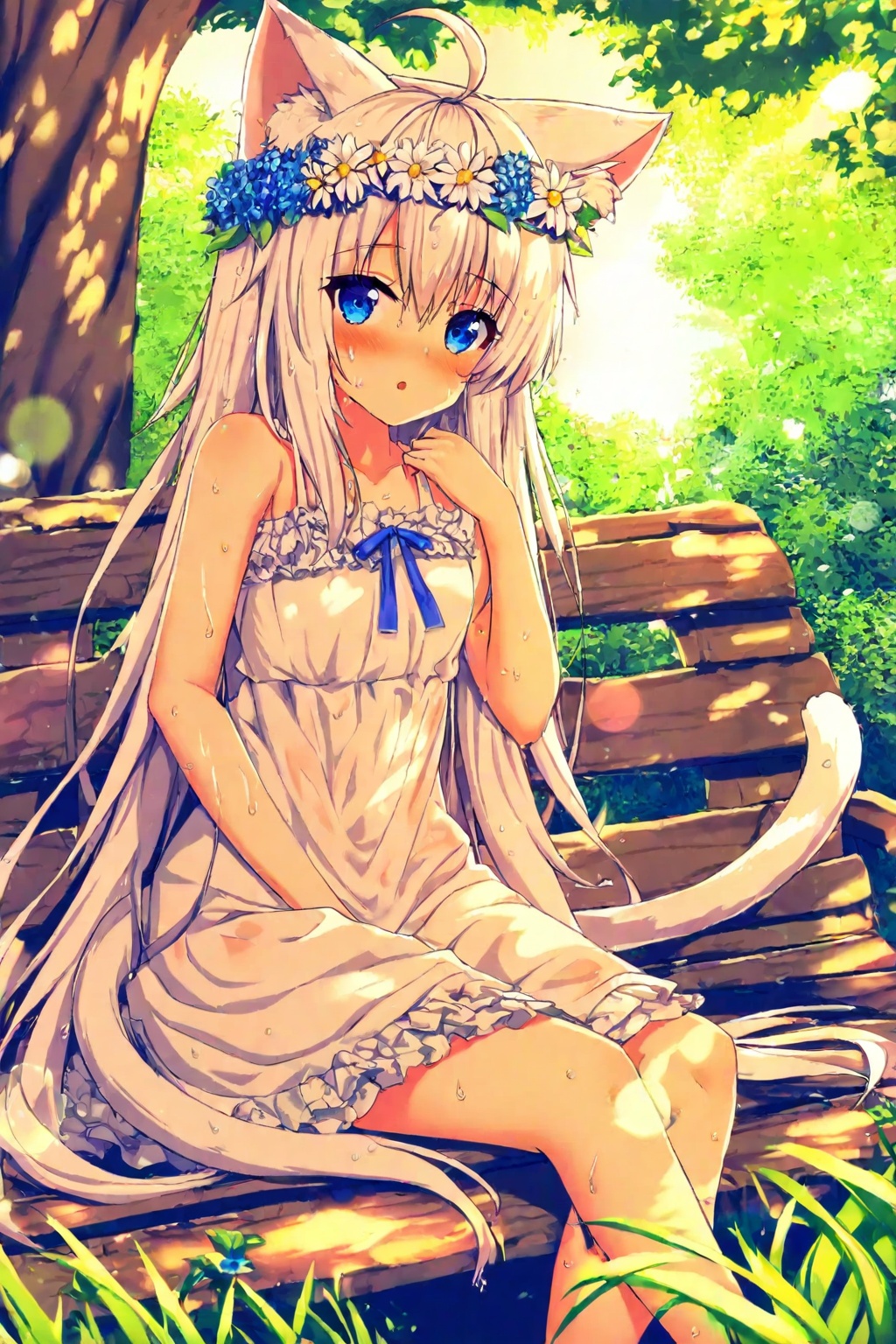 1girl, solo, long hair, looking at viewer, blush, bangs, blue eyes, dress, ribbon, animal ears, hair between eyes, bare shoulders, sitting, very long hair, tail, flower, ahoge, white hair, outdoors, parted lips, sleeveless, day, cat ears, hair flower, water, white dress, :o, tree, wet, cat tail, animal ear fluff, bare arms, sleeveless dress, frilled dress, grass, white flower, blue ribbon, cat girl, blue flower, sundress, bench, head wreath, flower wreath, on bench,(colorful), high contrast, Tyndall effect, lens flare <lora:li_p:1>