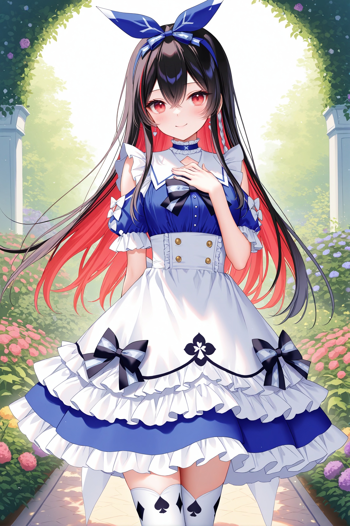 masterpiece, best quality, newest, absurdres, highres,(chen bin: 0.5),(hiten \(hitenkei\):0.4),(rimuu:0.5),(mignon:0.5),(sheya:0.6),smile,frilled dress, aquawonder, two-tone dress,blue dress, print thighhighs, white thighhighs, cowboy shot, garden, standing, hand on own chest, arm behind back,  ren(def), 1girl, long hair, black hair, multicolored hair, red eyes, hair between eyes, red hair, colored inner hair,<lora:aquawonderXLNAI:1>,<lora:ren(witch)XLNAI:1>