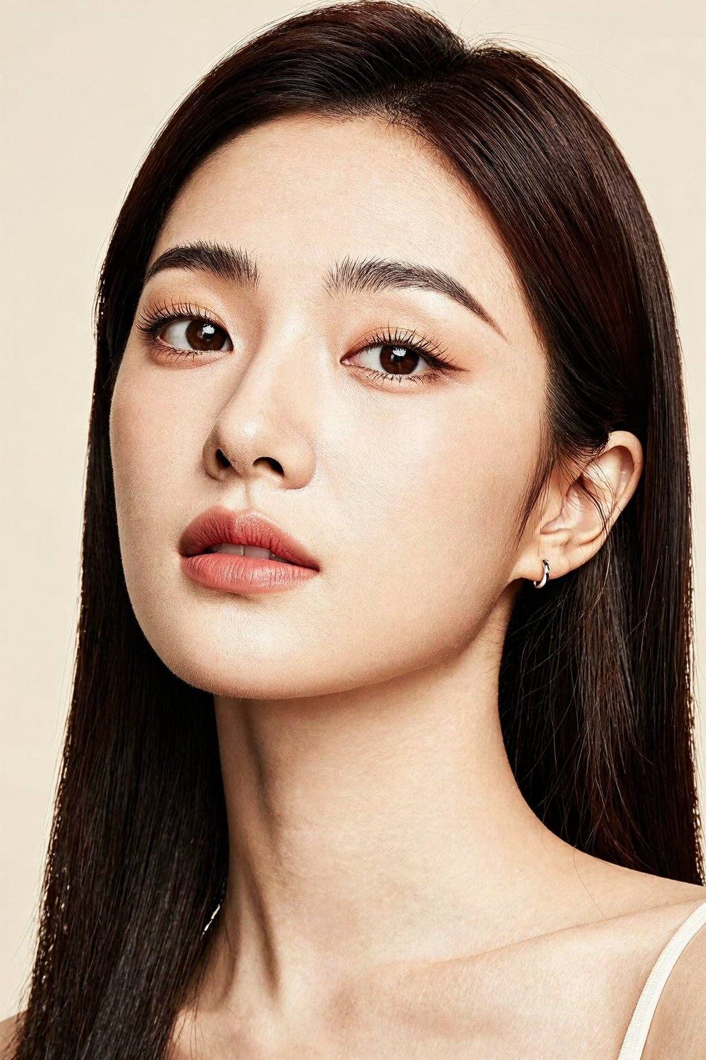 The image is a high-resolution photograph of an Asian woman taken close-up,  focusing on her face. The subject has smooth,...
