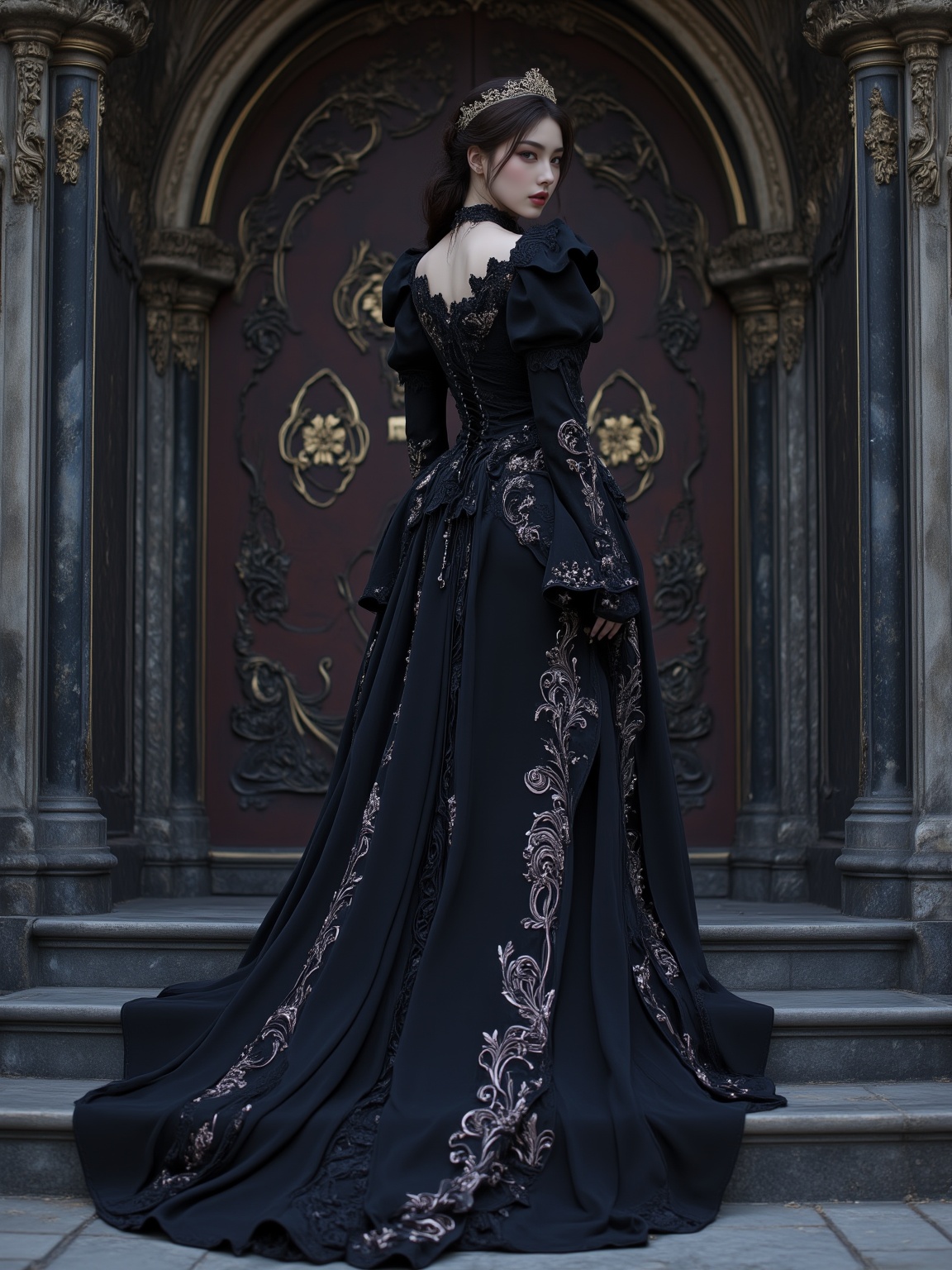 <lora:暗紫:0.7>,anzi,exquisite costumes,wearing a crown on his head,a princess in an exaggerated gothic gown,lolita skirt,the skirt fell to the ground like a waterfall,low angle shooting,beat on the back,full body photo,standing on the steps of the castle,close-up,gothic castle,