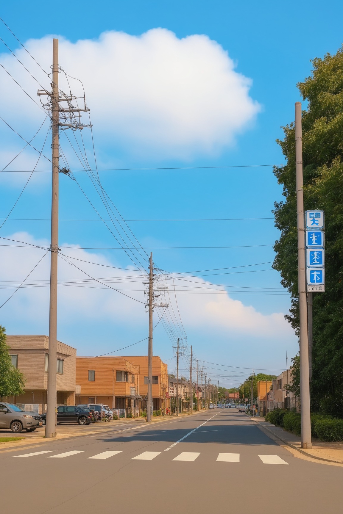 <lora:Anchestreet-V1:0.7>,anchestreet, no humans, outdoors, road, scenery, crosswalk, sky, power lines, building, street, utility pole, day, city, cloud, tree, road sign, blue sky