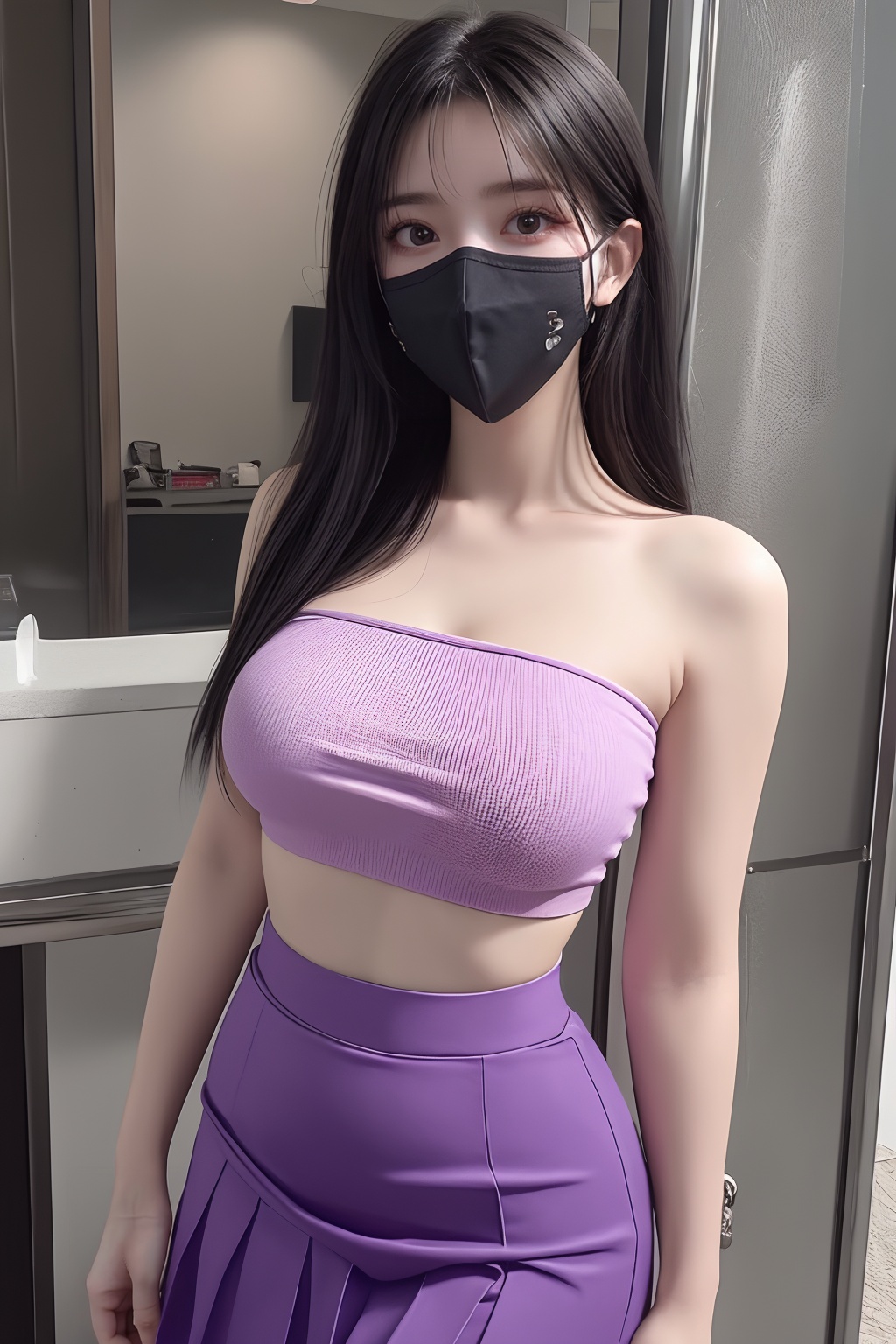 1girl, bangs, bare shoulders, black hair, black skirt, covered mouth, gas mask, long hair, mask, midriff, mouth mask, nail polish, pencil skirt, purple nails, purple skirt, skirt, solo, surgical mask, tape gag  <lora:口罩:0.8>