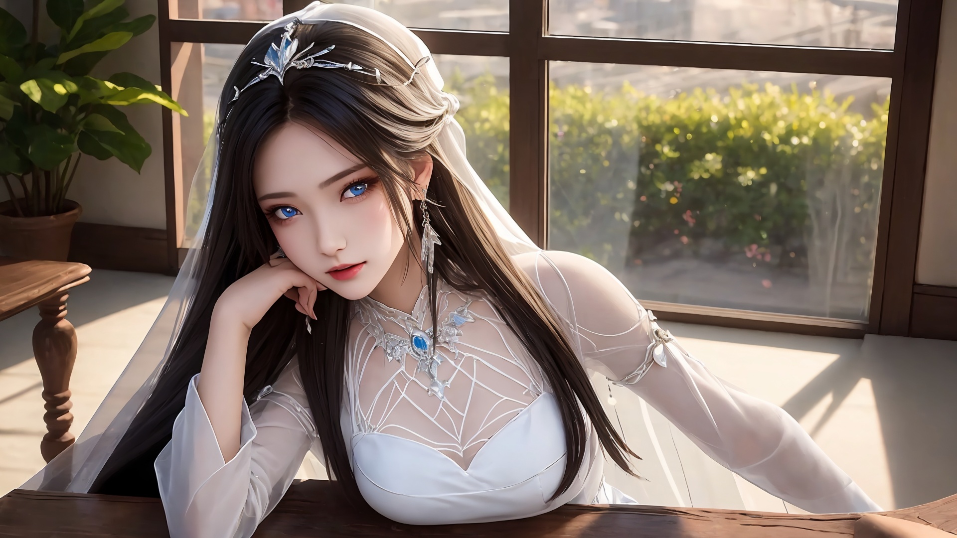 1girl,jewelry,solo,black hair,long hair,earrings,dress,upper body,white dress,veil,indoors,necklace,hair ornament,table,window,looking at viewer,closed mouth,blue eyes,<lora:girl solo luxueqi_20240911015355:0.6>,<lora:SD1.5泛光调节_v1.0:0.5>,