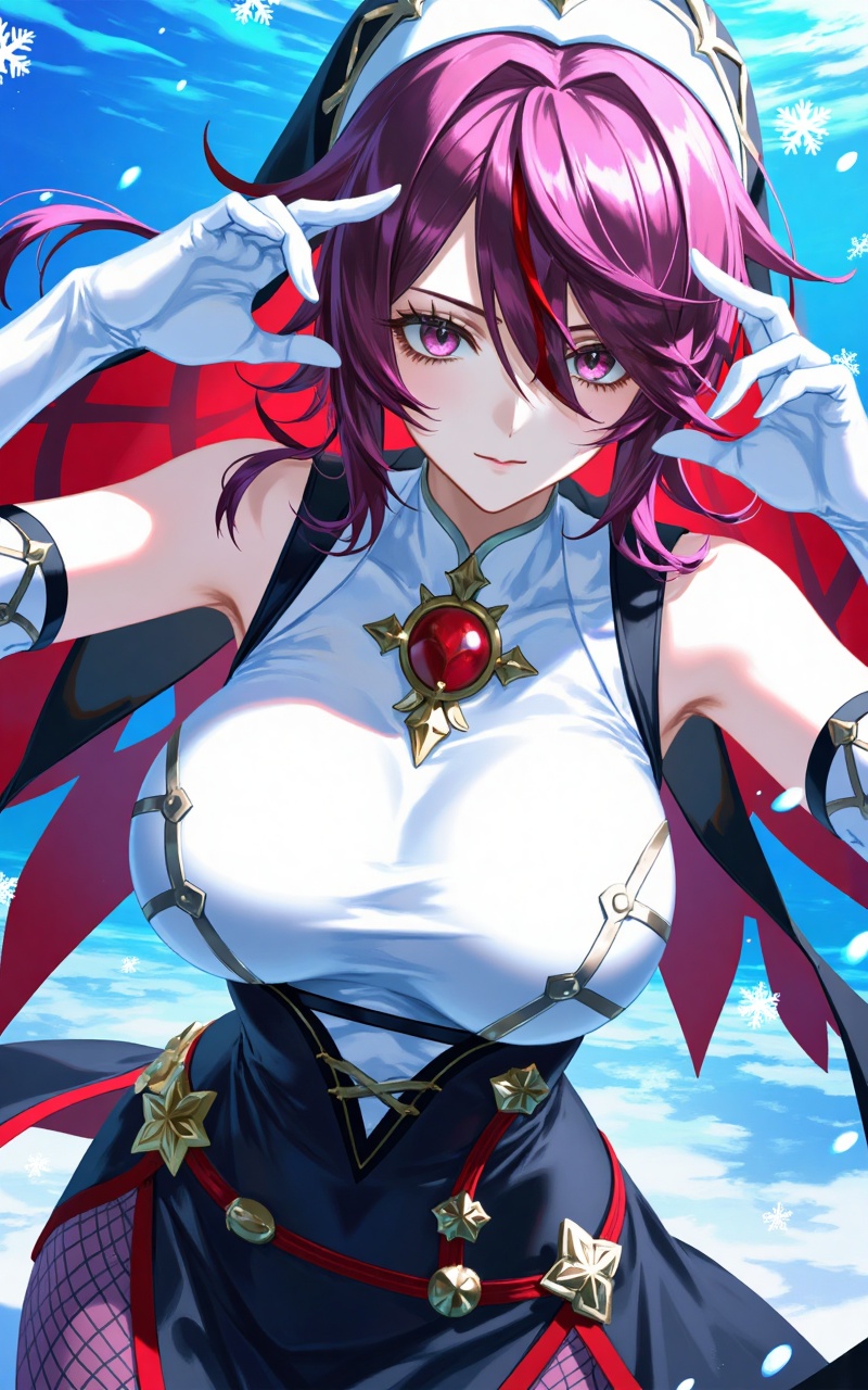 luoshaliya,lvjing,1girl,rosaria \(genshin impact\),solo,breasts,gloves,elbow gloves,snowflakes,white gloves,looking at viewer,pantyhose,fishnet pantyhose,nun,purple hair,bare shoulders,fishnets,multicolored headwear,habit,large breasts,red hair,two-tone dress,hair between eyes,multicolored hair,streaked hair,closed mouth,short hair,purple eyes,dress,multicolored clothes,claw ring,veil,sleeveless,purple pantyhose,5,cover,Close-up details,outstanding style,adding a touch of dimension to your images without compromising details,close-up,underwater,
