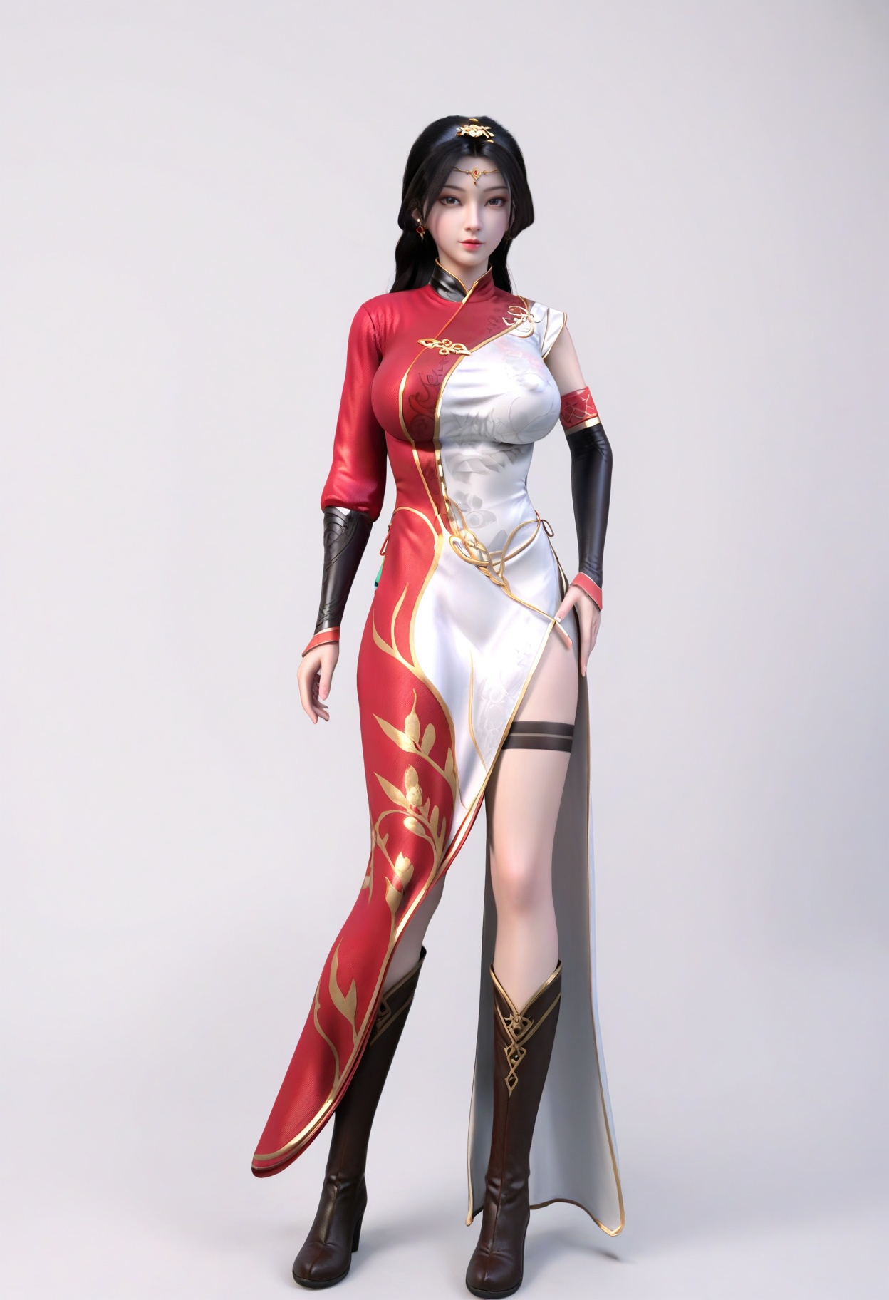 score_9,<lora:SF_HaoTianShiYue_Pony_Realism2.3-000004:0.7>,hair ornament,black hair,dress,asymmetrical sleeves,1girl,breasts,large breasts,china dress,red dress,white dress,solo,looking at viewer,white background,simple background,full body, boots,