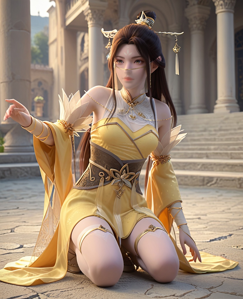 (oriental architecture, elegant decor, sophisticated style:1.1),Crouching in a field of wildflowers, hands outstretched, looking like a part of nature,,(breasts:1.2),<lora:XL完美世界凤舞>,miss fengwu,solo,yellow dress,chain ornament,sash,brown eyes,forehead mark,mouth veil,black hair,long hair,hanging hair,hair stick,hair bun,detached sleeves,wide sleeves,wristband,thighhighs,tassel,, zPDXL2, score_9, score_8_up, score_7_up BREAK realistic, masterpiece,best quality, highly detailed,, zPDXL3, zPDXL2,zPDXL, zPDXLxxx, zPDXLrl,