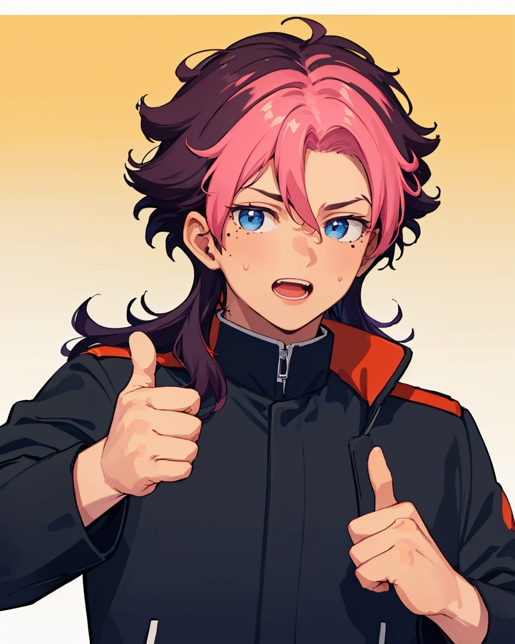 masterpiece,best quality, highly detailed, guel jeturk,1boy, male focus, solo, mole under eye, yellow background, thumbs up, upper body, open mouth, sweatdrop, looking at viewer, gakuran, simple background, black border,<lora:guel_jeturk:1>