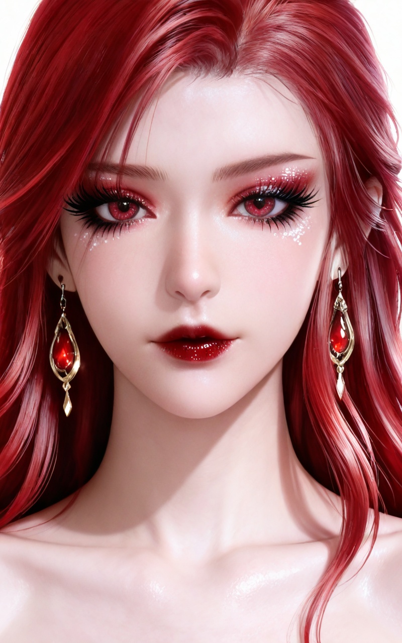 masterpiece,high quality,tall,game cg,highres,(soft light:1.2),white_skin,(shiny_skin:0.6),(realistic:1.1),<lora:马小桃·衣服百搭款·化妆:0.8>,maxiaotao, 1girl, solo, earrings, jewelry, red hair, looking at viewer, red lips, makeup, long hair, white background, portrait, red eyes, eyelashes, simple background, eyeshadow, collarbone, lipstick, bare shoulders, realistic, mascara