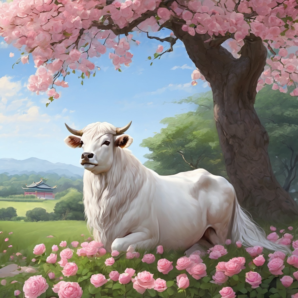 gufengstyle,masterpiece, Calf, Lovely, In the middle of the picture, Mid-range, Outdoor, Light blue sky, Clouds, Garden, Big tree, Pink roses, Collar, Furry, Twelve signs of the Chinese zodiac, textured skin, super detail, best quality<lora:gufengstyleSDXL-000016:1>