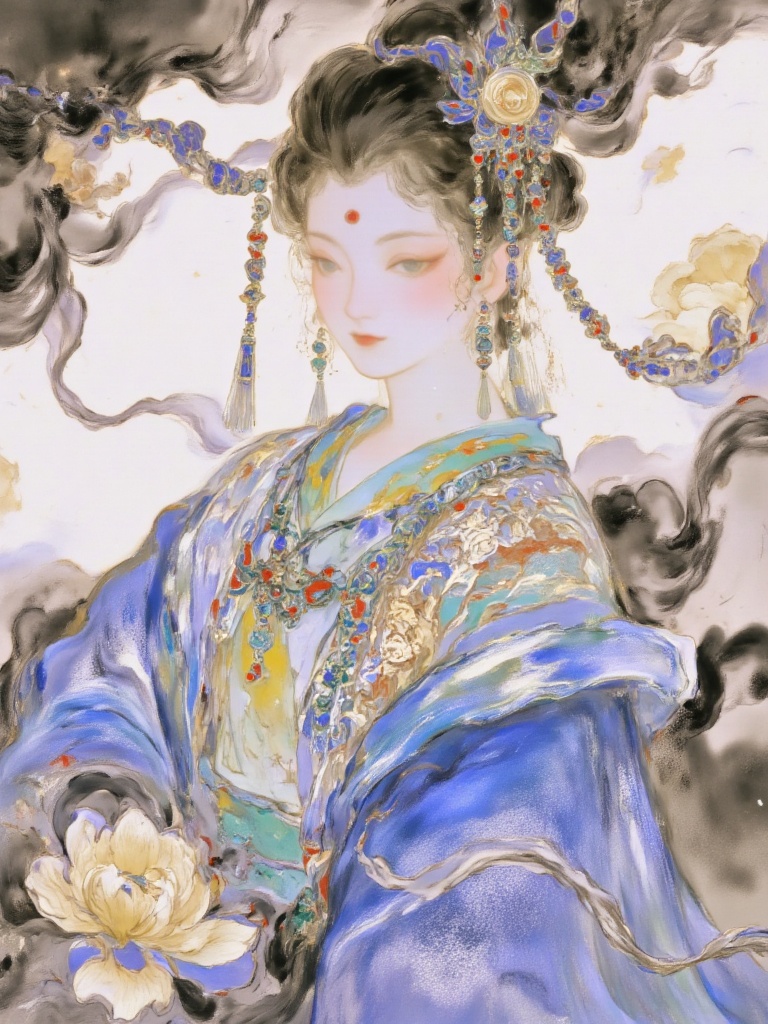 bai,Rock paintings,bai,This is a beautiful hand-painted ink-wash ink-wash illustration in ancient Chinese style. The picture depicts a cold and elegant beauty with her back to the side and head turned, looking back (her body slightly leans, her long black hair curls in the wind, and the hair strands are lively and curly like waves). Her green eyes have a faint light, her lips are rich and bright, and her skin has a cold and bluish luster. The forehead is adorned with a red and green pendant chain (linked by gold chains, with a lustrous pendant), and the earrings are designed with multiple tassels (inlaid with green pine and colored beads, flowing gracefully). The wearer is dressed in a traditional robe embroidered with indigo and dark green patterns (with a stand-up collar and fine patterns like meticulous brushwork). The background is surrounded by black twisted vines (interwoven with hair strands, with flowing brushstrokes of ink wash), dotted with yellow half-blooming peonies and red berries, and the light blue background is blurred with ink wash. The style blends the fluidity of ink wash (the dynamics of hair and branches) with the contrast of rich colors (indigo robe × yellow and red accents), creating an atmosphere of eerie elegance, mystery and cold beauty.